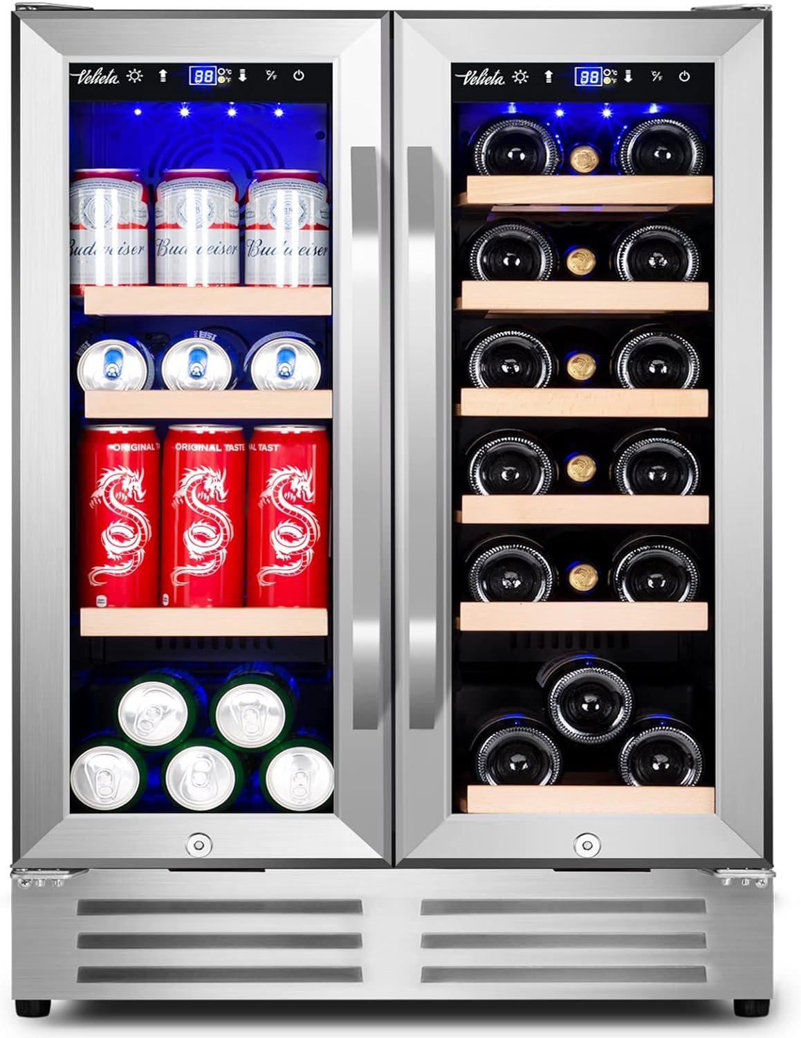 Wine and Beverage Refrigerator, 24 Inch Dual Zone Fridge with Glass Door, Built-In Cooler with Powerful and Quite Cool System/18 Bottles and 88 Cans Capacity Bverage Cooler