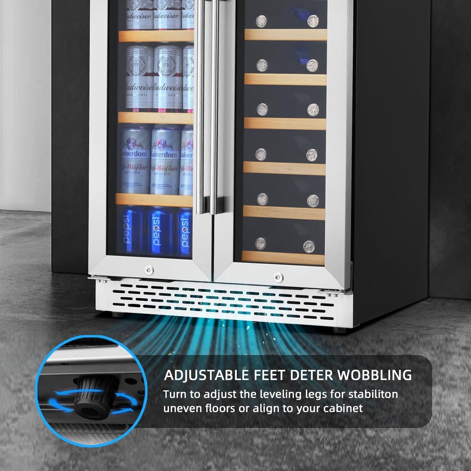 Wine Cooler Beverage Refrigerator 24 inch 18 Bottles  57 Cans Beverage Fridge Dual Zone Wine Cooler Under Counter Lockable Freestanding with Glass Door for Drink Bar Kitchen Cabinet Commercial