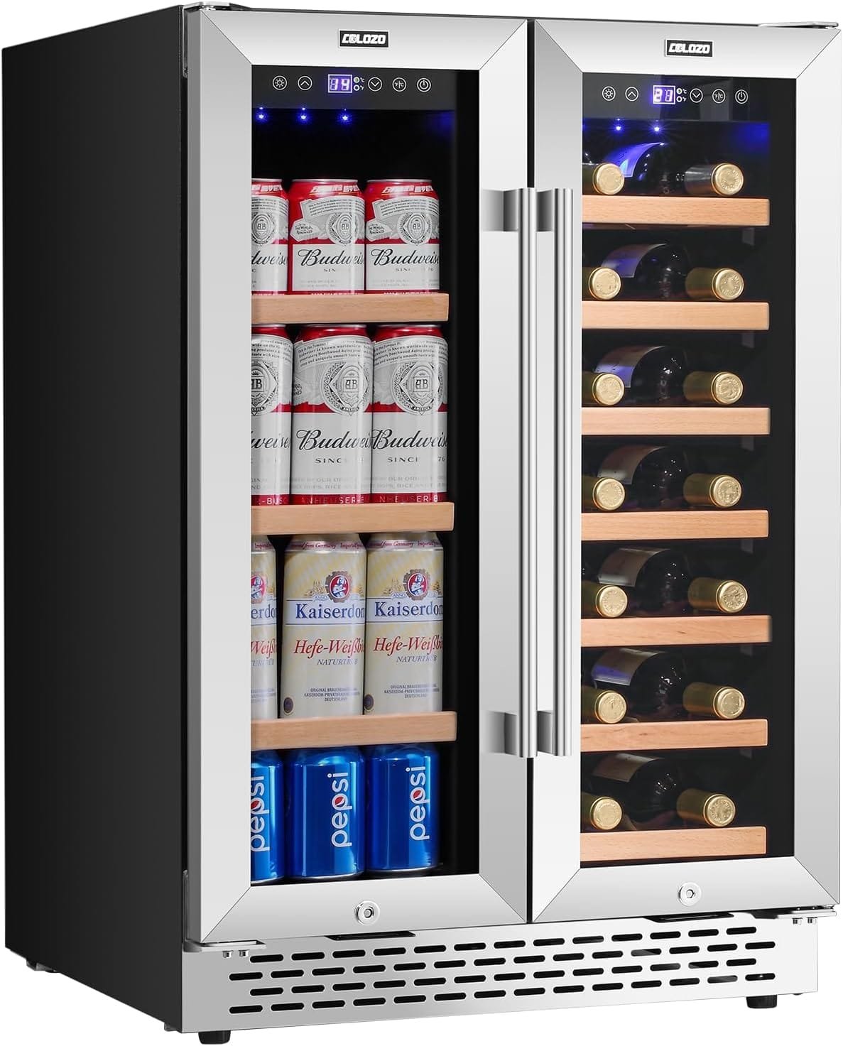 Wine Cooler Beverage Refrigerator 24 inch 18 Bottles  57 Cans Beverage Fridge Dual Zone Wine Cooler Under Counter Lockable Freestanding with Glass Door for Drink Bar Kitchen Cabinet Commercial