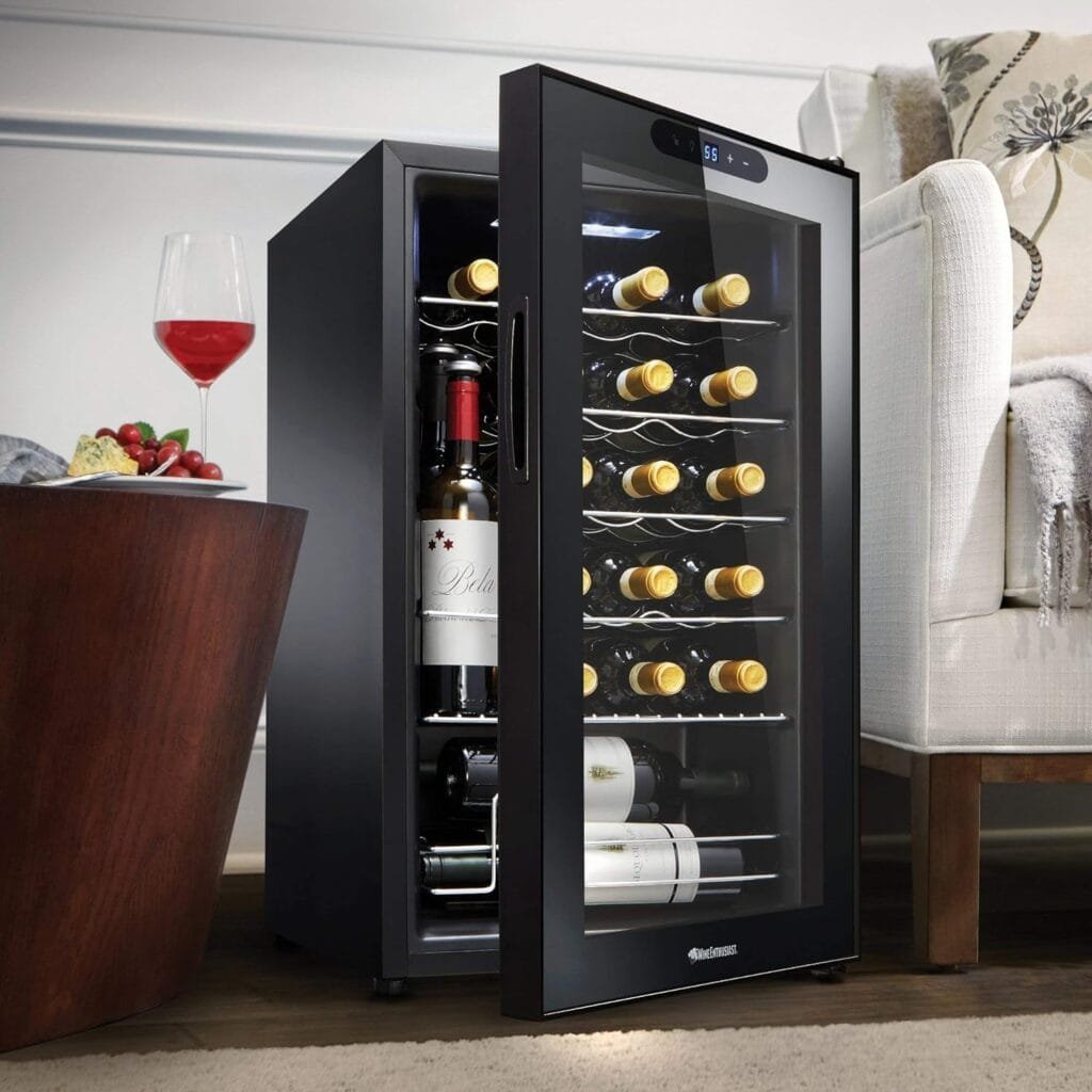 Wine Enthusiast 24-Bottle Compressor Wine Cooler with Upright Bottle Storage - Freestanding Wine Refrigerator with Digital Touchscreen and LED Temperature Display
