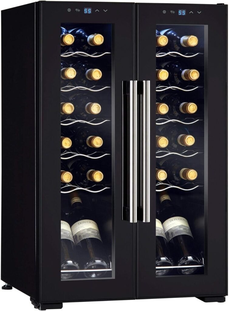 Wine Enthusiast 32-Bottle Dual Zone MAX Compressor Wine Cooler - Freestanding Refrigerator with Split Storage  Temperature, Digital Touchscreen,  LED Display