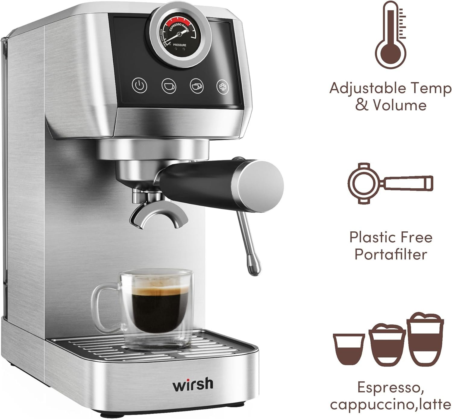 wirsh Espresso Machine, 20 Bar Espresso Maker with Plastic Free Portafitler and Steamer for Latte and Cappuccino,Expresso Coffee Machine with Pressure Gauge,Touch Screen (Home Barista Plus)