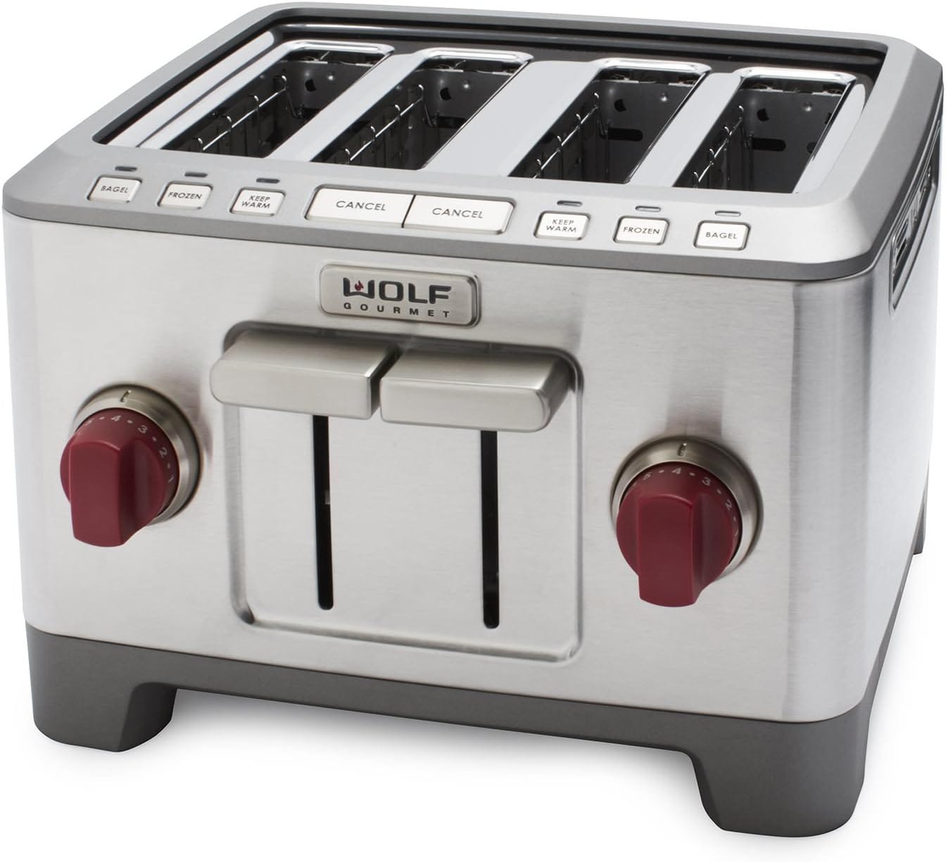 Wolf Gourmet 4-Slice Extra-Wide Slot Toaster with Shade Selector, Bagel and Defrost Settings, Red Knob, Stainless Steel (WGTR154S) Wolf Gourmet 4-Slice Extra-Wide Slot Toaster with Shade Selector, Bagel and Defrost Settings, Red Knob, Stainless Steel (WGTR154S)