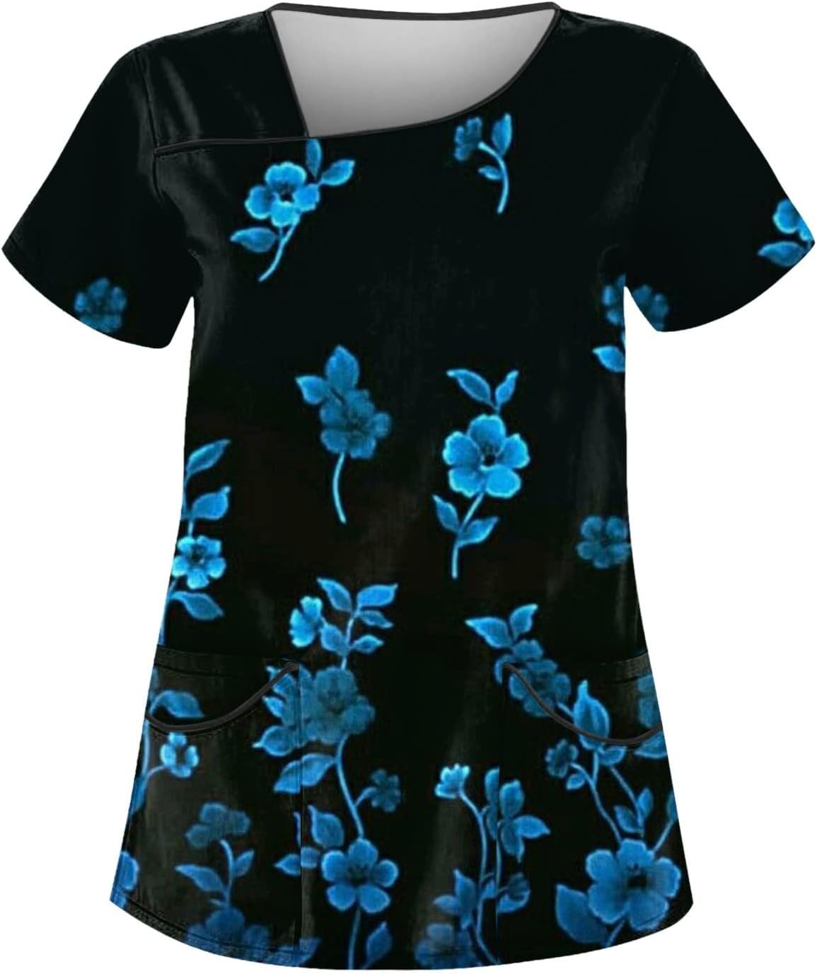 Womens Summer Tops Floral Print Casual Blouse Workwear Fashion V Neck Short Sleeve with Double Pockets Tees Womens Summer Tops Floral Print Casual Blouse Workwear Fashion V Neck Short Sleeve with Double Pockets Tees