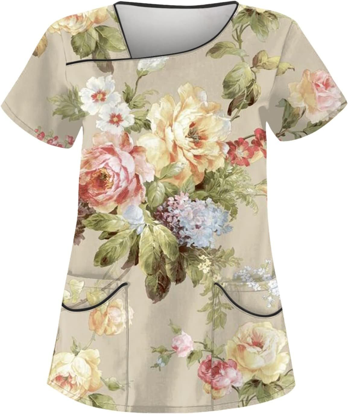 Womens Summer Tops Floral Print Casual Blouse Workwear Fashion V Neck Short Sleeve with Double Pockets Tees Womens Summer Tops Floral Print Casual Blouse Workwear Fashion V Neck Short Sleeve with Double Pockets Tees