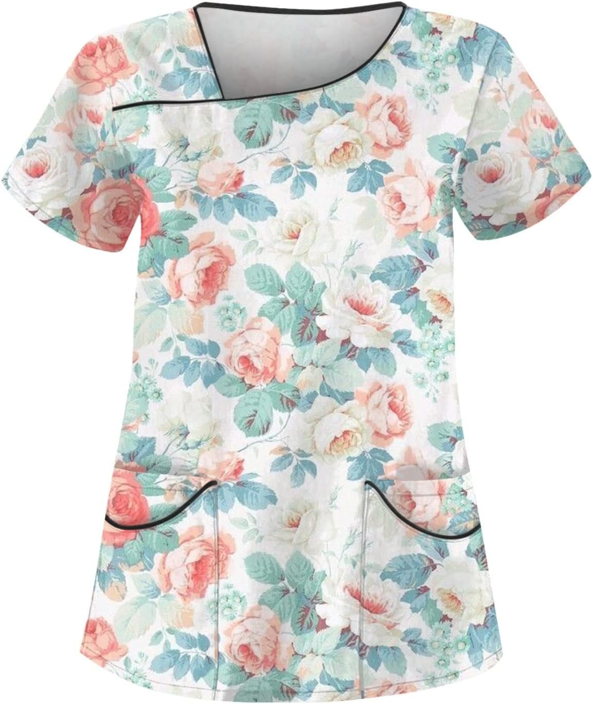 Womens Summer Tops Floral Print Casual Blouse Workwear Fashion V Neck Short Sleeve with Double Pockets Tees Womens Summer Tops Floral Print Casual Blouse Workwear Fashion V Neck Short Sleeve with Double Pockets Tees