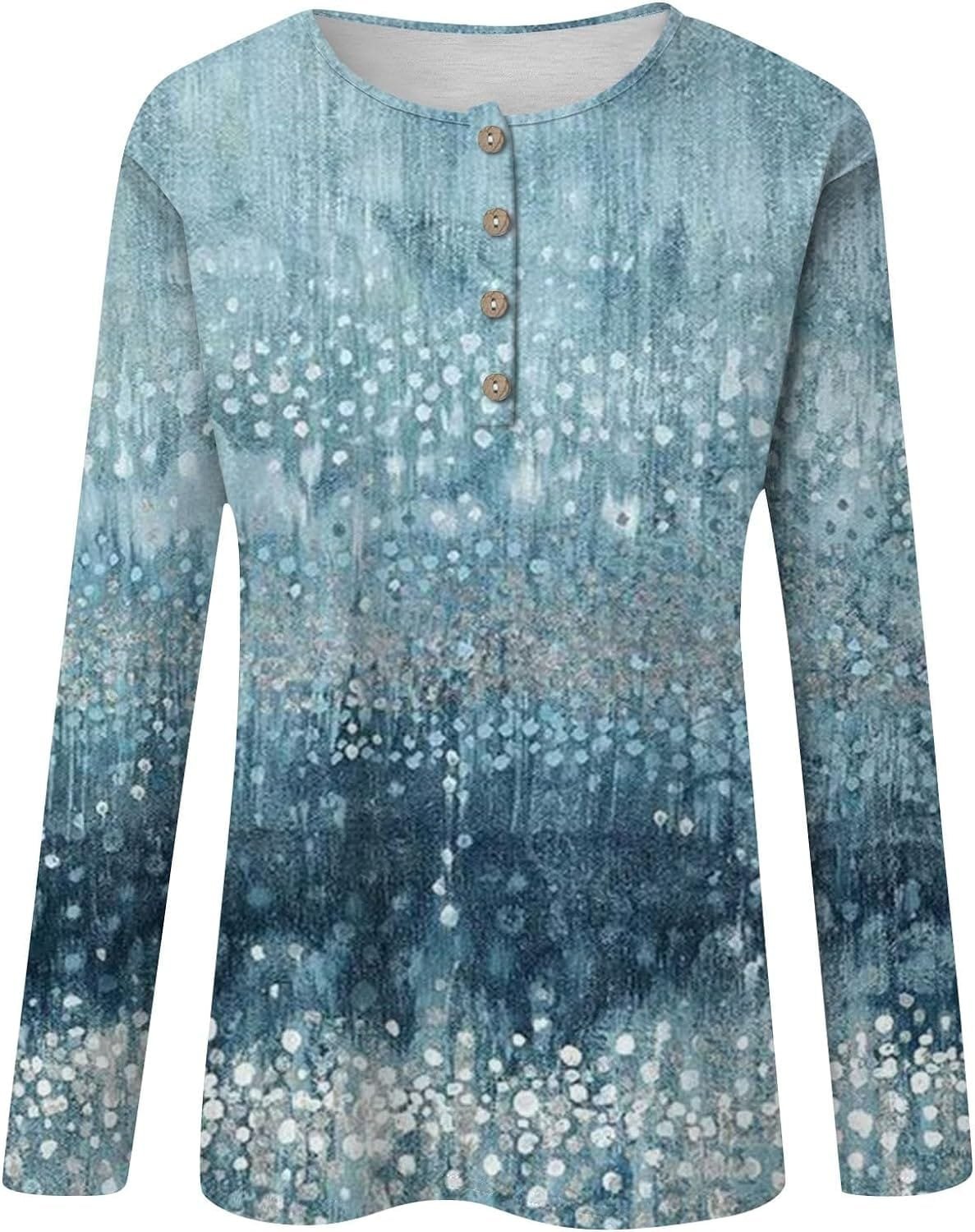 Womens Tops Printed Casual Tunic Tshirt Fall Loose Fit Pullover Comfortable Long Sleeve Shirt Button Down Blouse