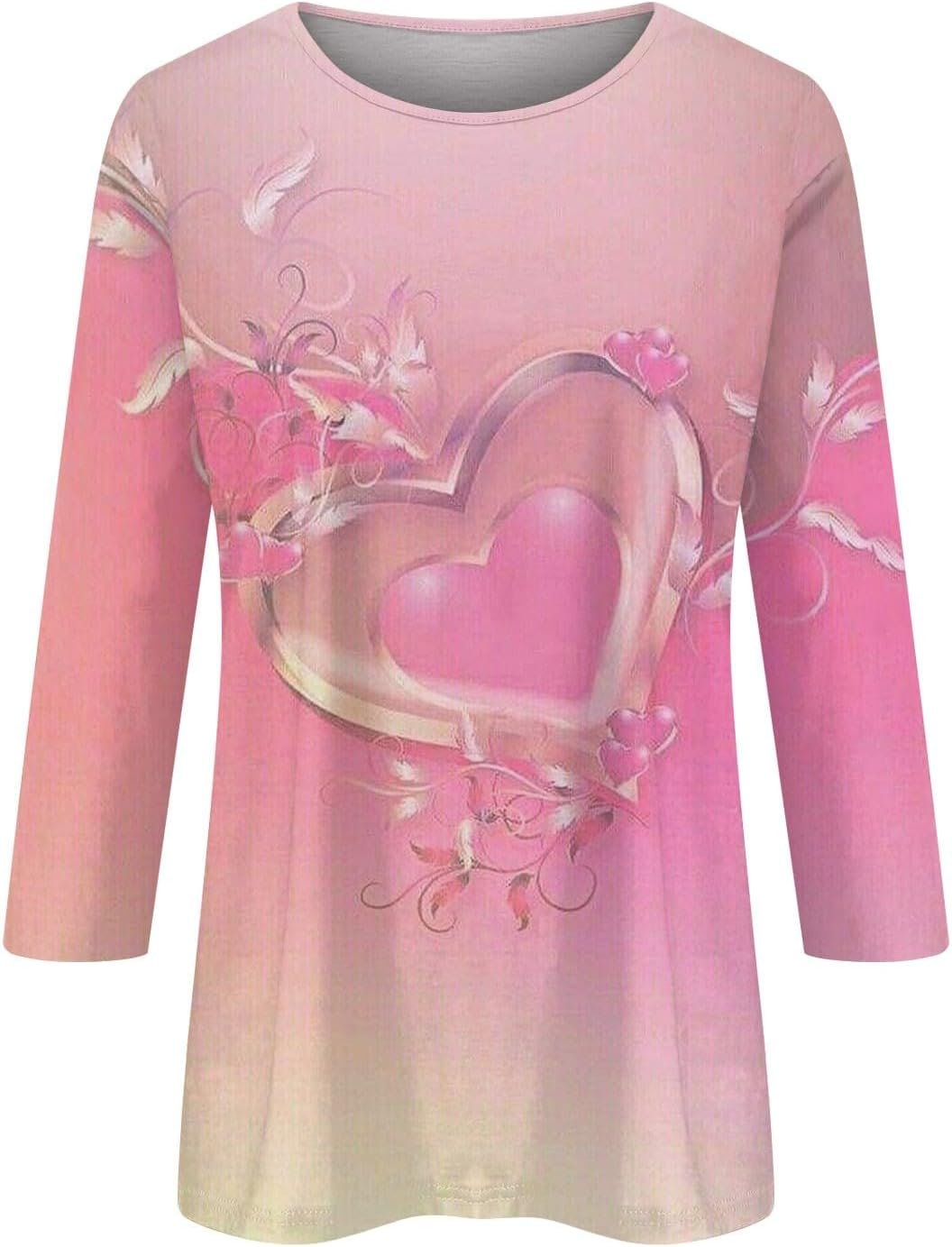 Womens Valentines Day Shirts Casual Cute Love Heart Graphic Tee Trendy 3/4 Sleeve Tops Lightweight Crewneck Blouse