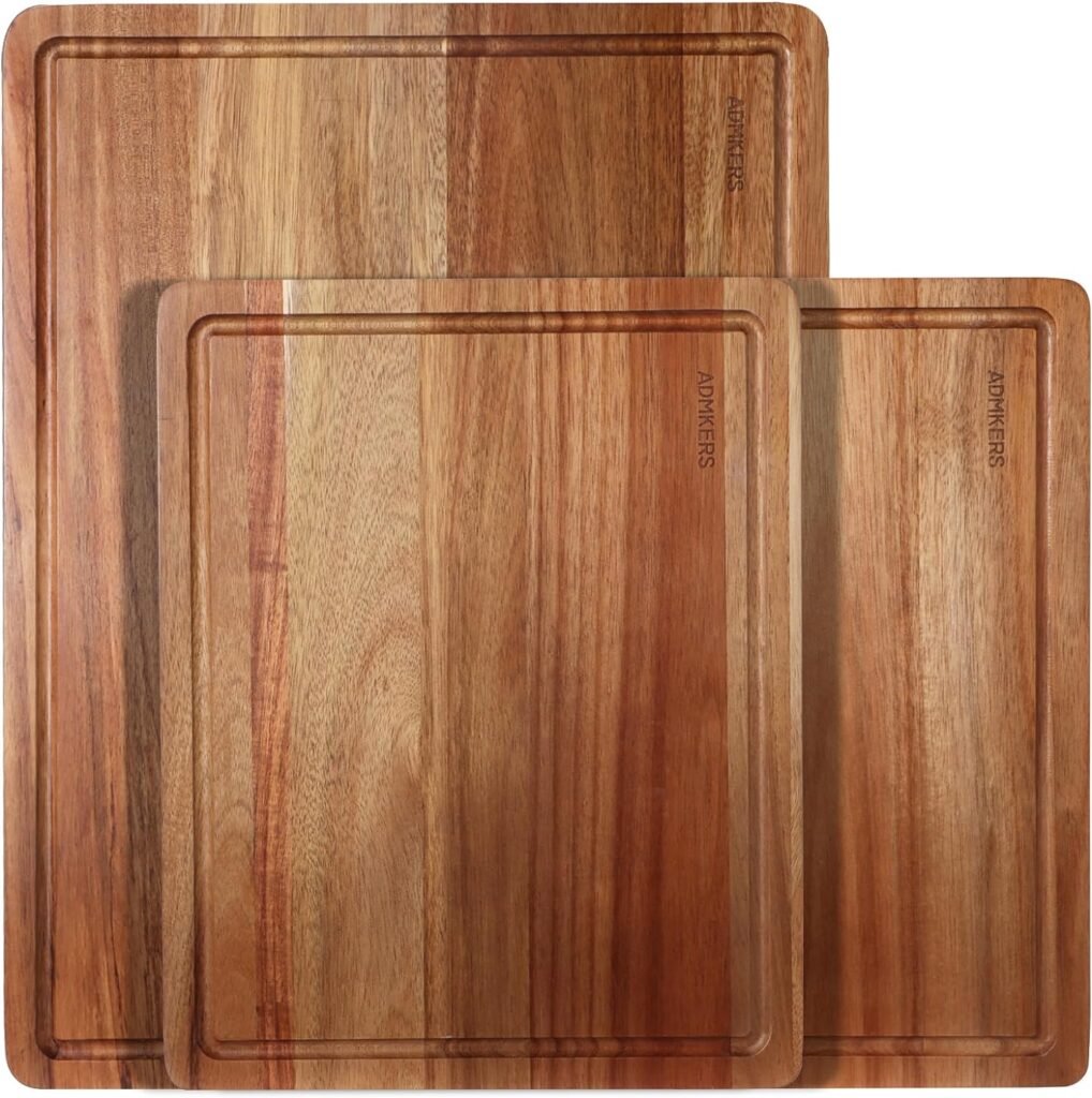 Wood Cutting Boards Set of 3 for Kitchen, Thick Chopping Board, Large Wooden Cutting Board Set with Deep Juice Groove and Handles, Wooden trays for meat, fruit and cheese (17x12, 12x10, 12x7 inch)