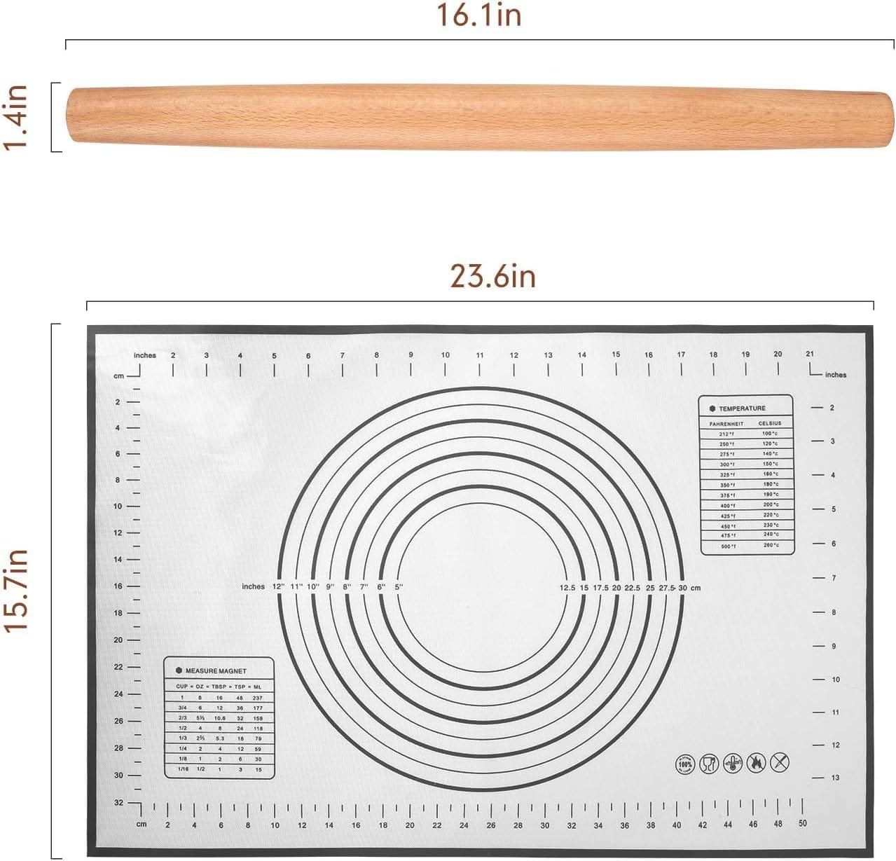 Wood French Rolling Pin for Baking, QUELLANCE Wooden Dough Roller with Silicone Baking Mat, Beech Wood Rolling Pins for Baking Dough, Pizza, Pie, Pastries, Pasta and Cookies,Red Pastry Mat