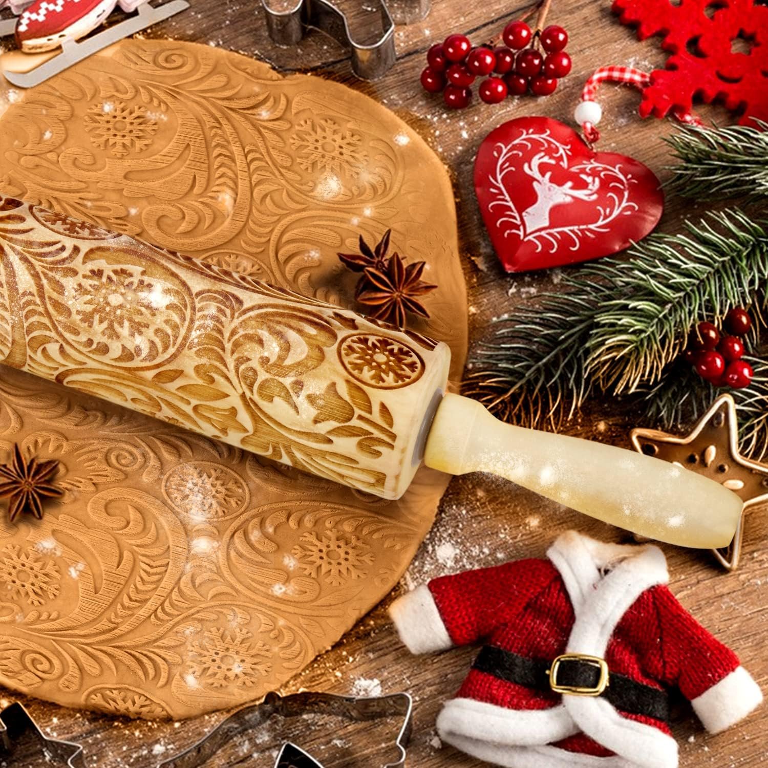 Wooden Engraved Rolling Pin with Christmas Snowflake Designs - For Baking Cookies and Decor