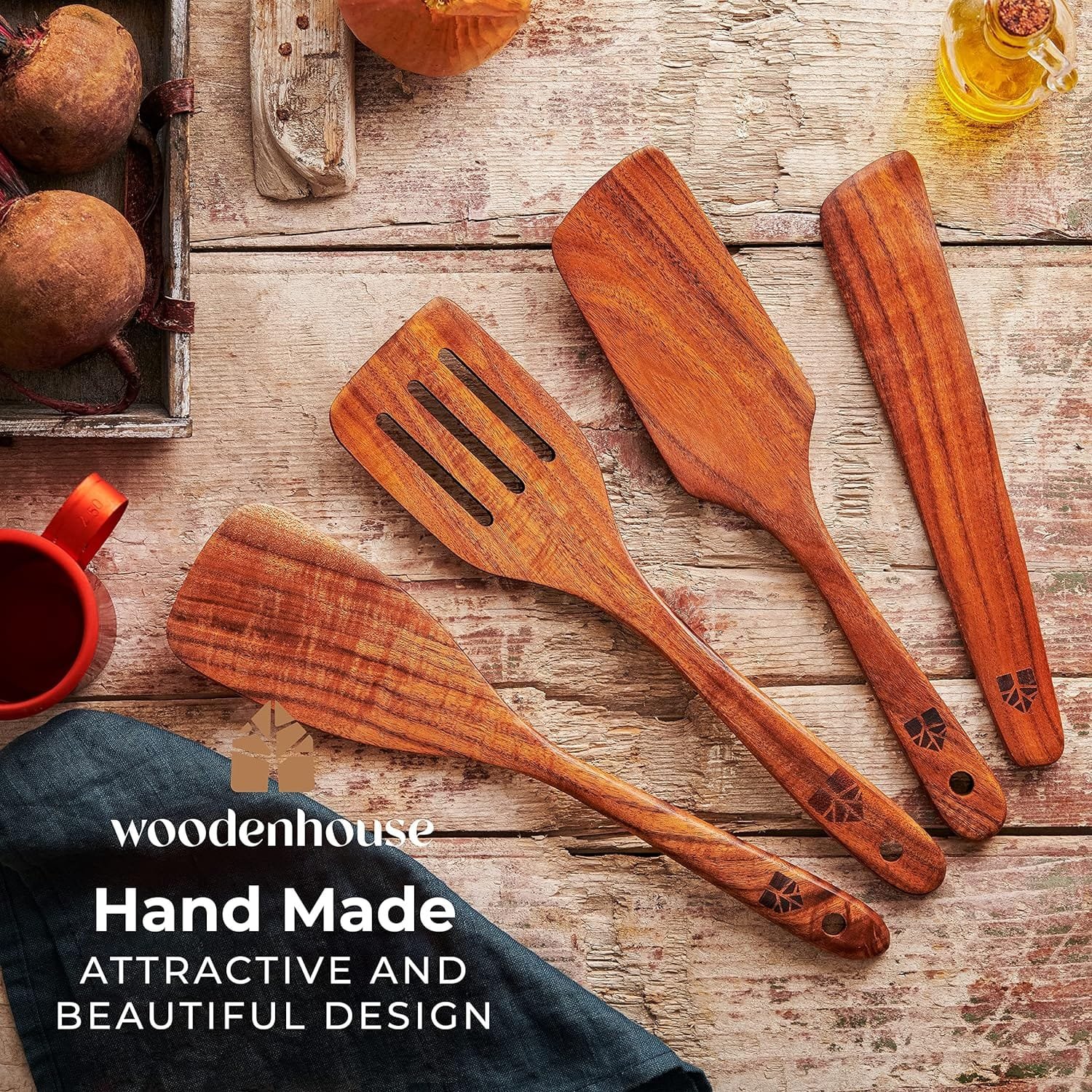 Wooden Spatula for Cooking, Kitchen Set of 4, Natural Teak Wooden Utensils including Paddle, Turner Spatula, Slotted Spatula and Wood Scraper. Nonstick cookware.