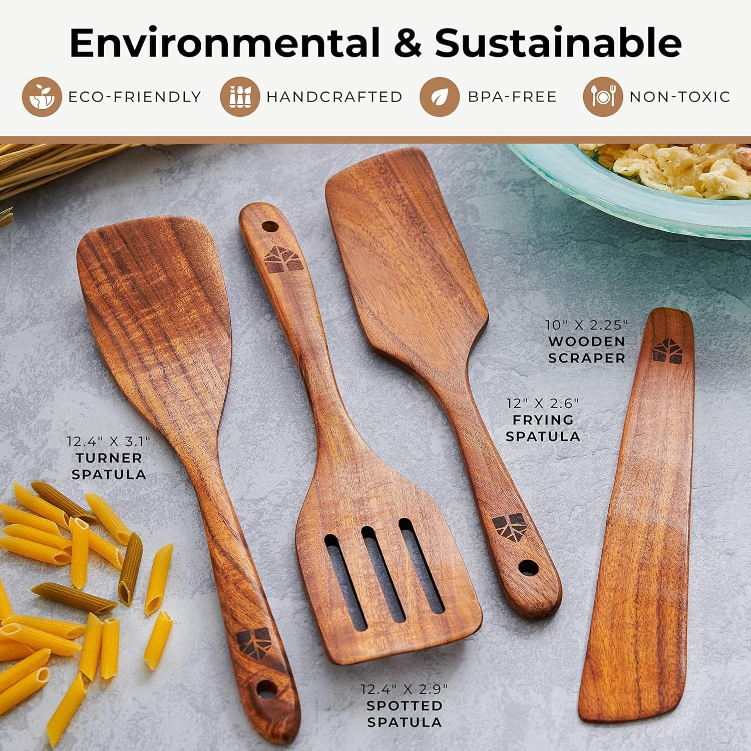 Wooden Spatula for Cooking, Kitchen Set of 4, Natural Teak Wooden Utensils including Paddle, Turner Spatula, Slotted Spatula and Wood Scraper. Nonstick cookware.