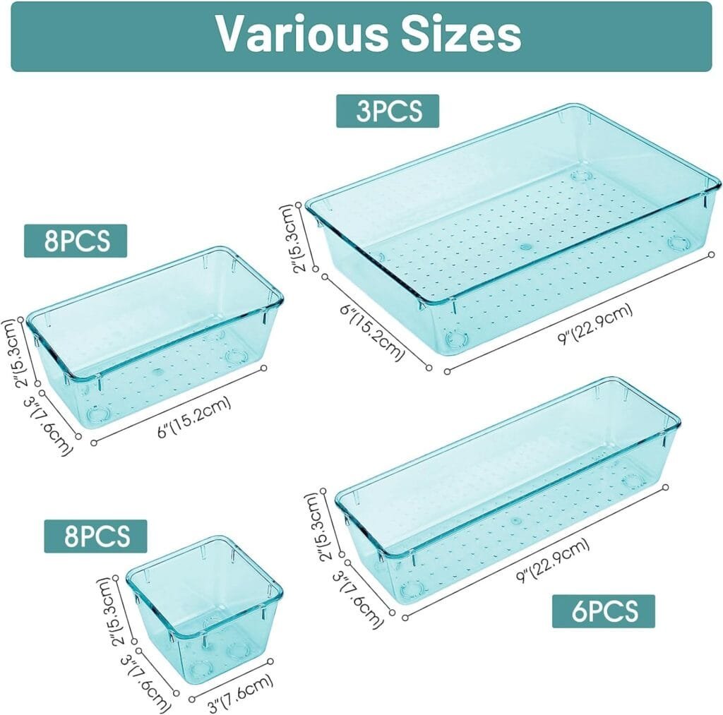 WOWBOX 25 PCS Clear Plastic Drawer Organizer Set, 4 Sizes Desk Drawer Divider Organizers and Storage Bins for Makeup, Jewelry, Gadgets for Kitchen, Bedroom, Bathroom, Office