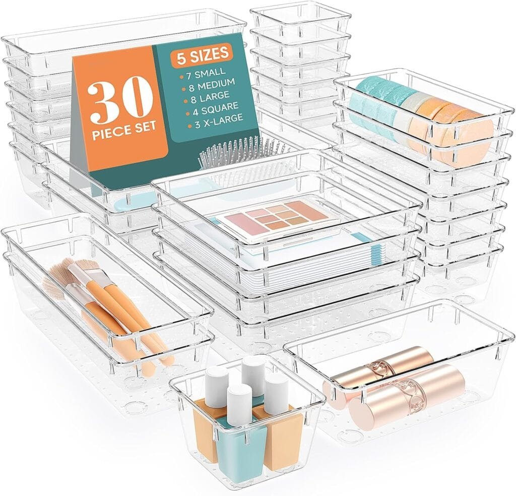 WOWBOX 25 PCS Clear Plastic Drawer Organizer Set, 4 Sizes Desk Drawer Divider Organizers and Storage Bins for Makeup, Jewelry, Gadgets for Kitchen, Bedroom, Bathroom, Office