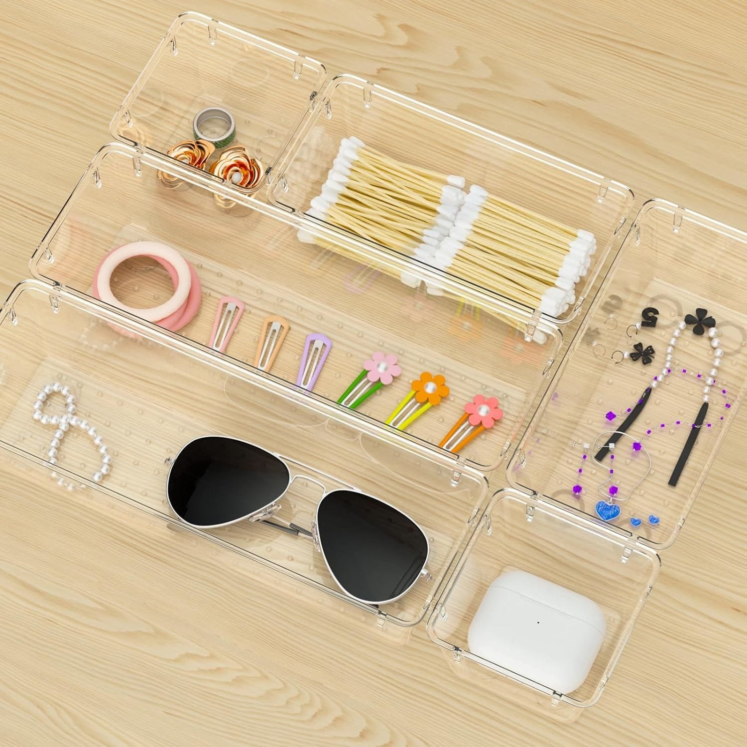 WOWBOX 6 Pack Clear Drawer Organizer Set, Acrylic Drawer Storage Trays, Storage Bins for Makeup, Cosmetics, Jewelries, Utensils, Gadgets, Office