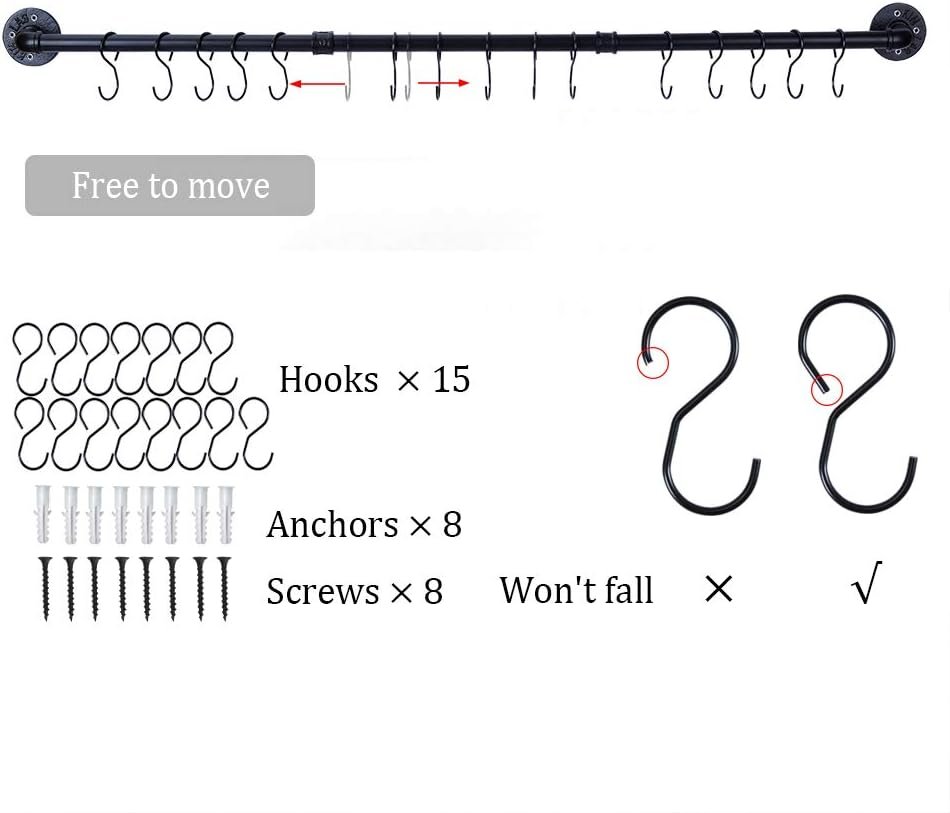 WuGeShop 38 Inch Pot Rack Hanging, Pot Rack Wall Mounted with 10 S Hooks, Kitchen Lids Utensil Spatula Hanger Organizer, Black