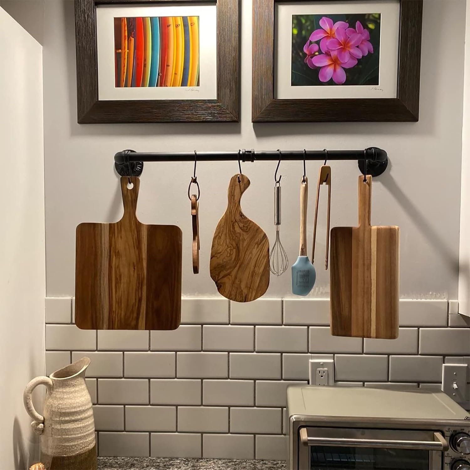 WuGeShop 38 Inch Pot Rack Hanging, Pot Rack Wall Mounted with 10 S Hooks, Kitchen Lids Utensil Spatula Hanger Organizer, Black