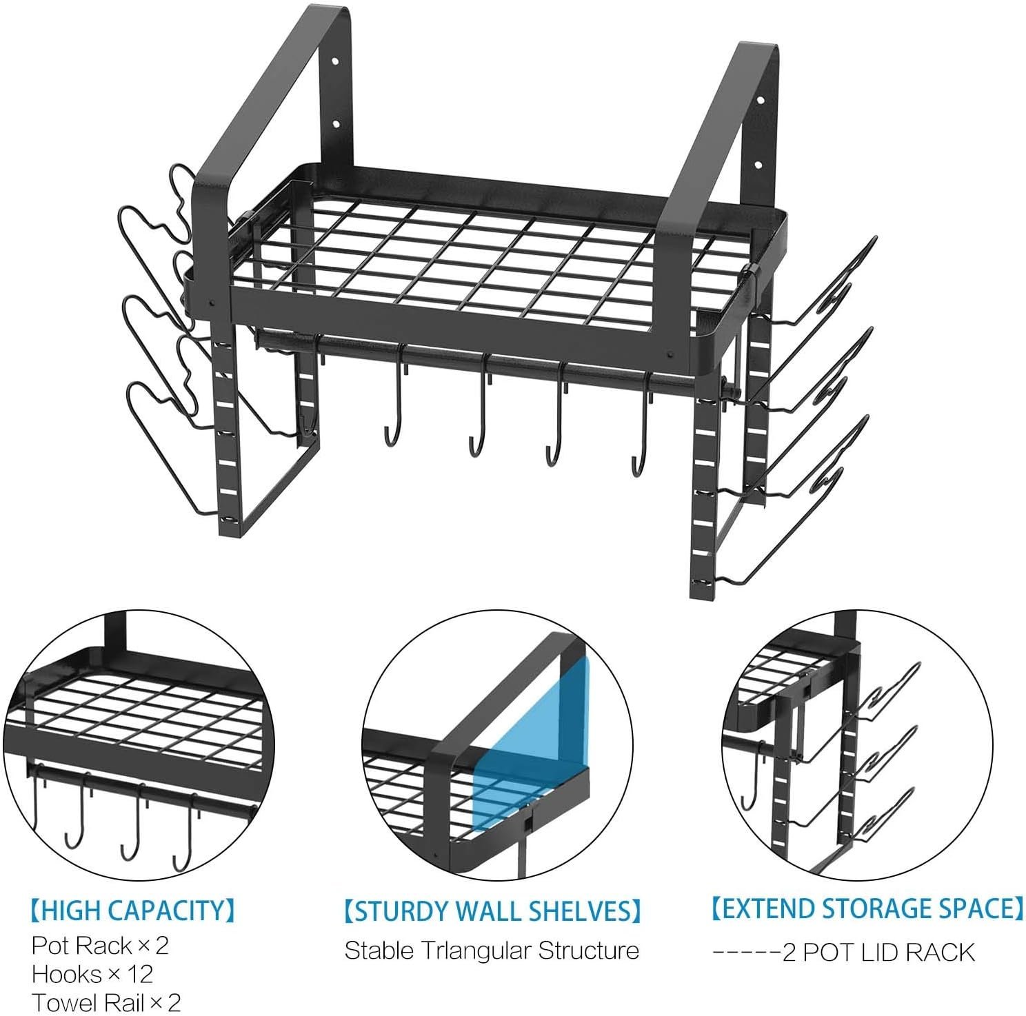 X-cosrack Pot Racks Wall Mounted Set of 2,with Towel Bar and Pots Pans Lids Organizer, Kitchen Cookware Hanging Shelves with 12 Hooks, Black