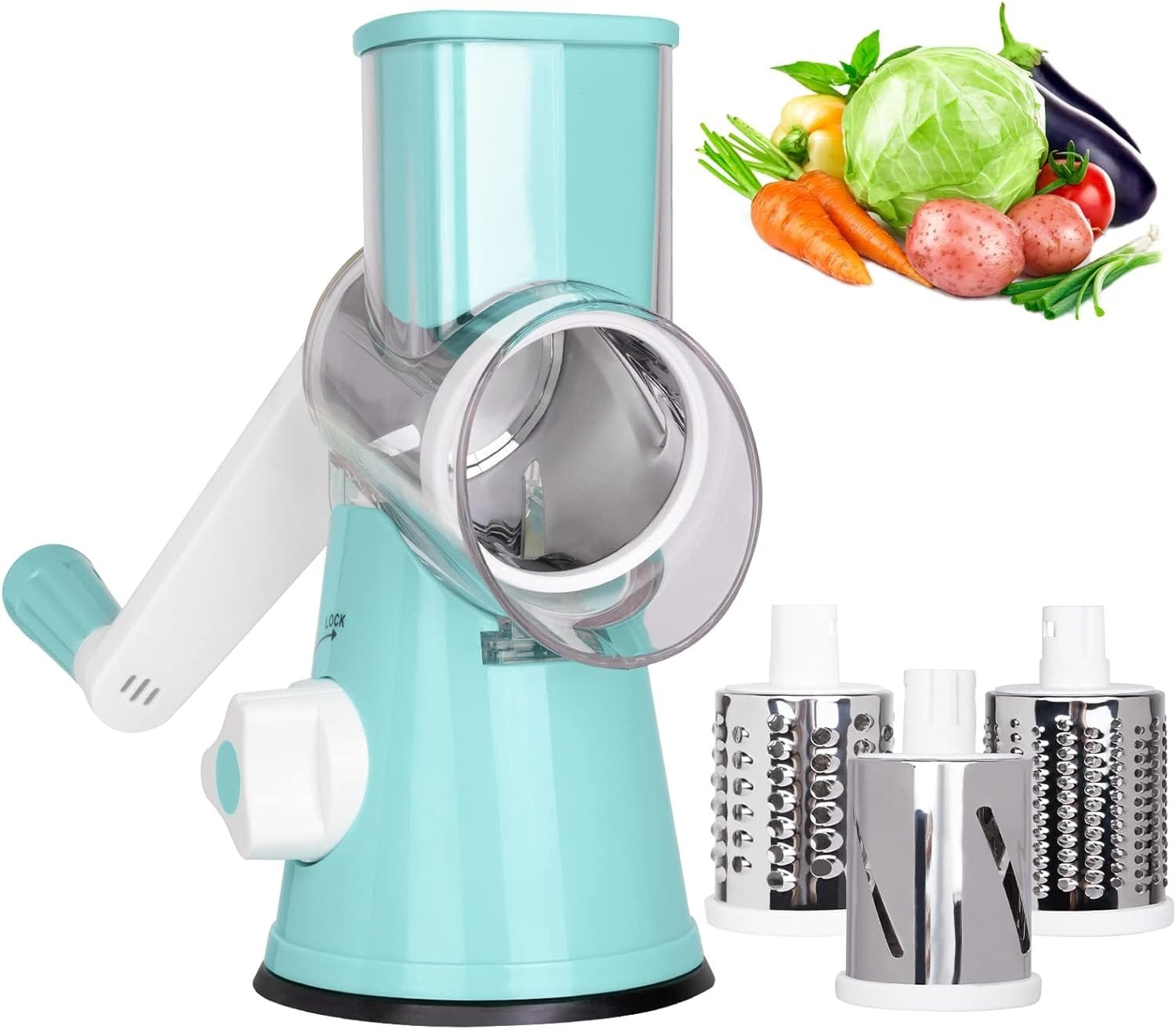 X Home Rotary Cheese Grater, Manual Cheese Grater with Handle, Mandoline Vegetables Slicer Cheese Shredder with Strong Suction Base, 3 Drum Blades Cheese Shredder Included, Easy to Use and Clean, Blue X Home Rotary Cheese Grater, Manual Cheese Grater with Handle, Mandoline Vegetables Slicer Cheese Shredder with Strong Suction Base, 3 Drum Blades Cheese Shredder Included, Easy to Use and Clean, Blue