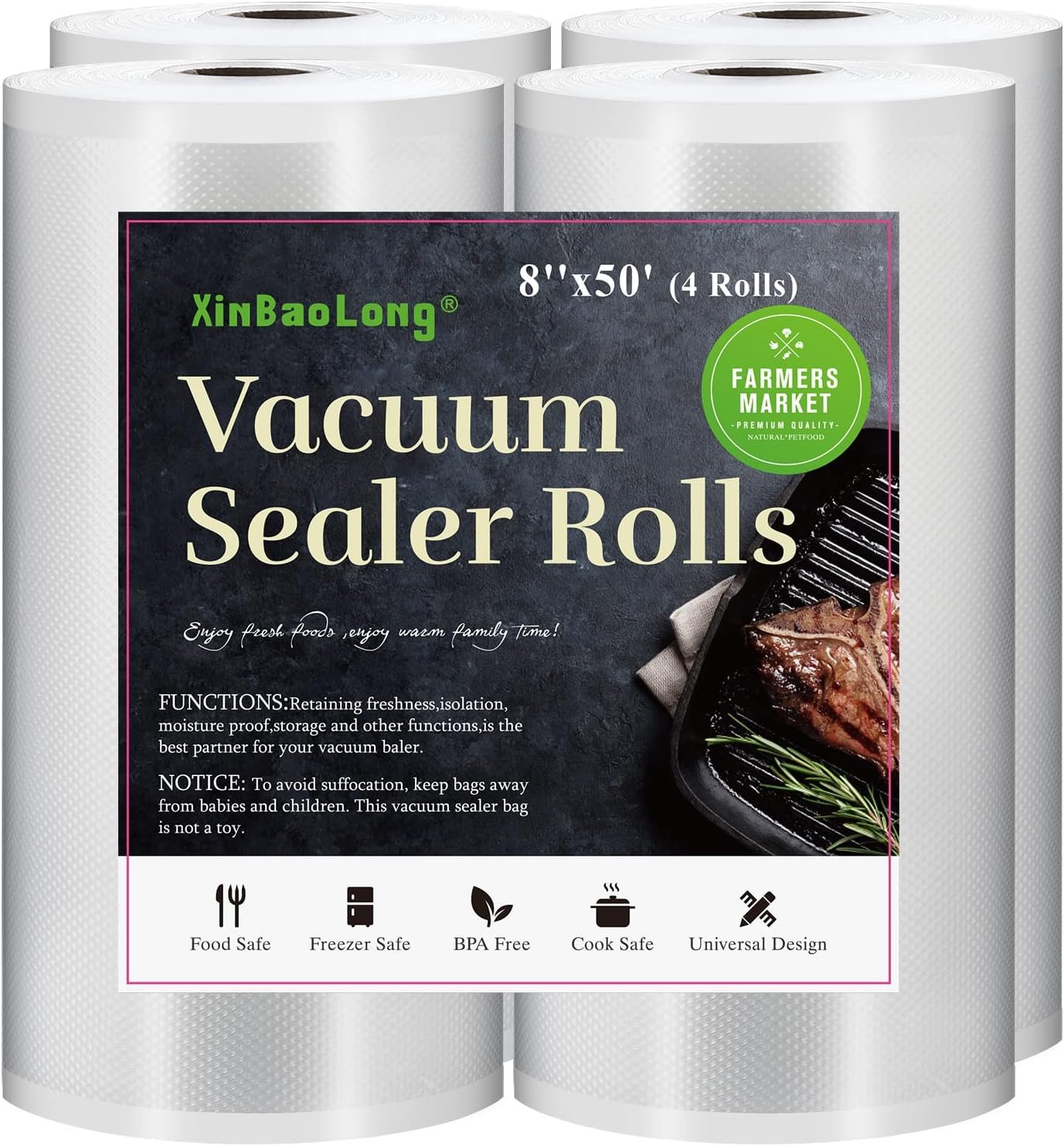 XinBaoLong Vacuum Sealer Bags for Food,8x50Rolls 4 Pack, Food Saver Bags Rolls,Commercial Grade, Heavy Duty, BPA Free,Great for Vac Storage… XinBaoLong Vacuum Sealer Bags for Food,8x50Rolls 4 Pack, Food Saver Bags Rolls,Commercial Grade, Heavy Duty, BPA Free,Great for Vac Storage…