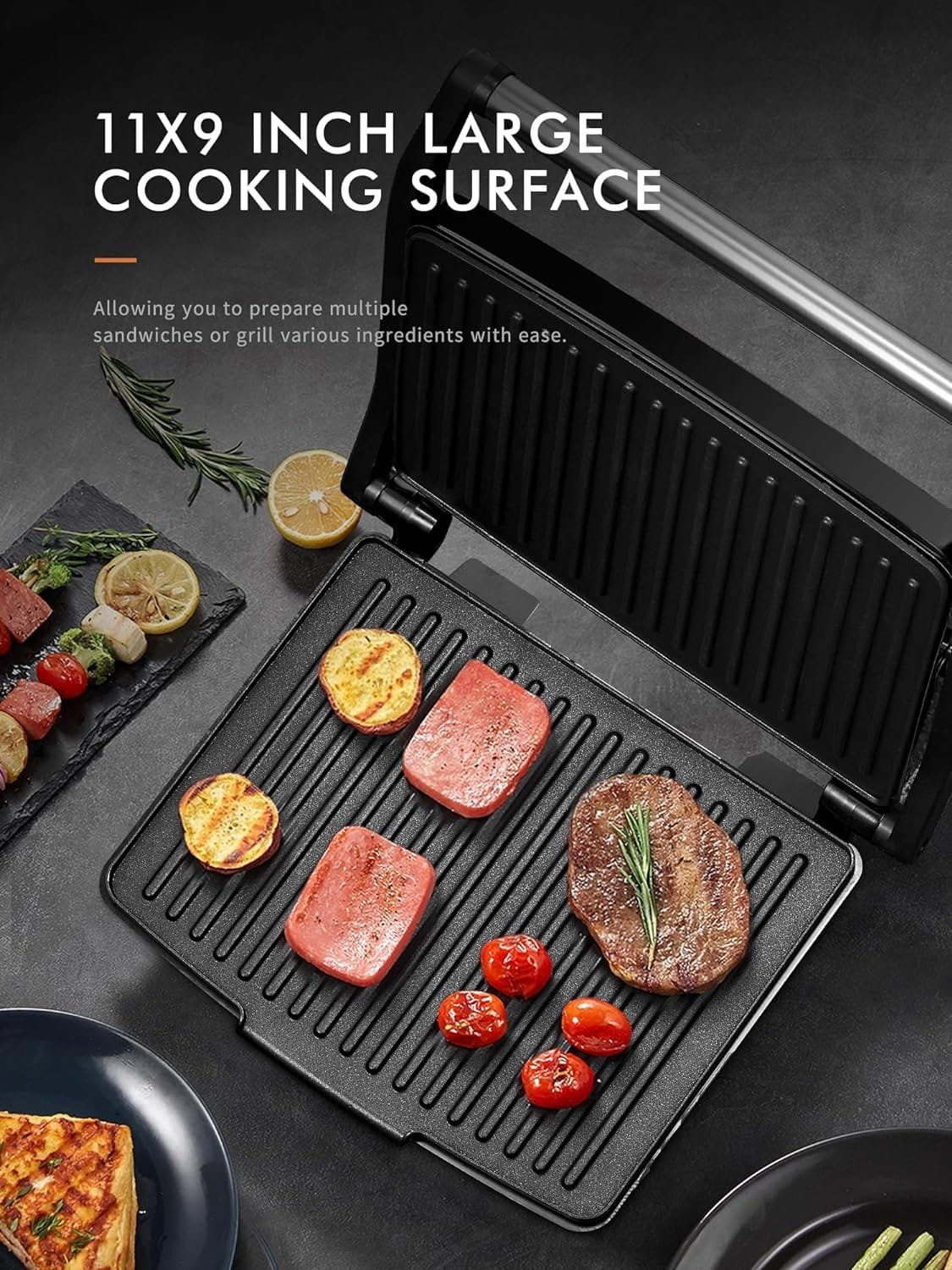 Yabano Panini Press Grill, Gourmet Sandwich Maker, Electric Indoor Grill with Non-Stick Cooking Plate and Removable Drip Tray, Easy to Clean, Stainless Steel Yabano Panini Press Grill, Gourmet Sandwich Maker, Electric Indoor Grill with Non-Stick Cooking Plate and Removable Drip Tray, Easy to Clean, Stainless Steel