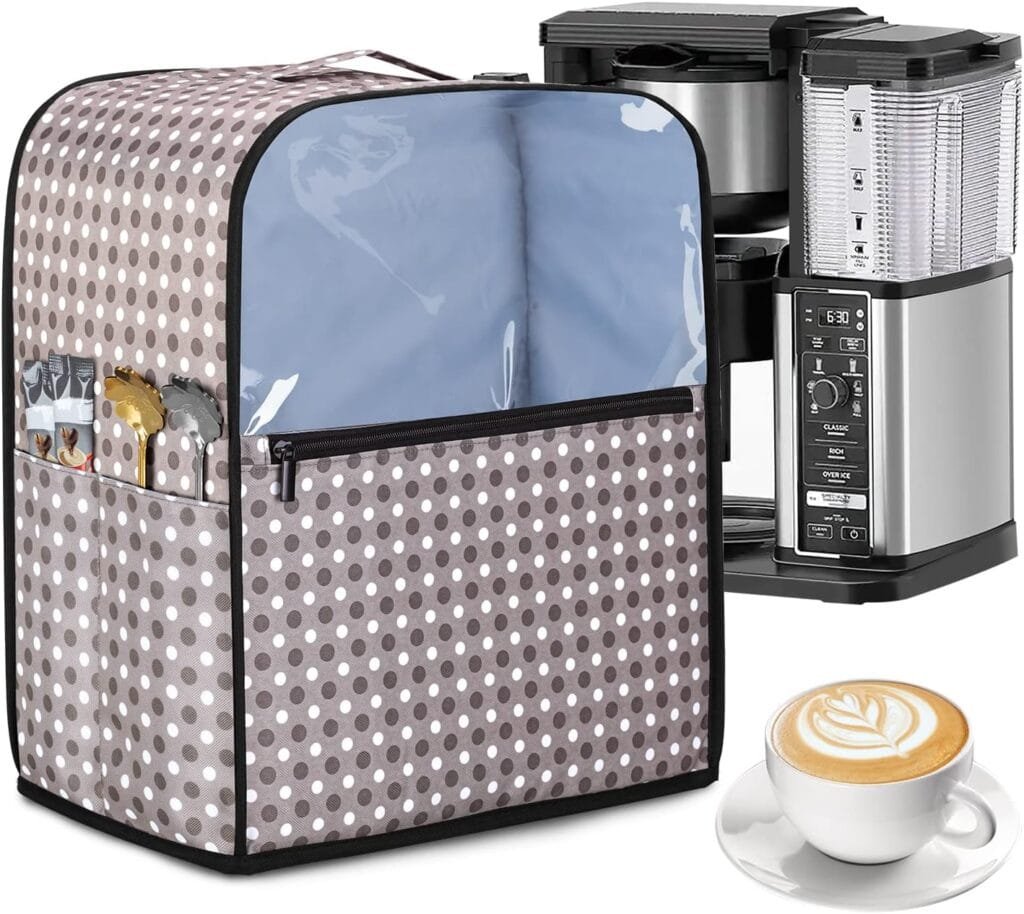Yarwo Coffee Maker Dust Cover Compatible for Ninja Specialty CM401/CM407, Visible Coffee Machine Cover with Top Handle and Multi Pockets for Kitchen Appliance and Accessories, Dots