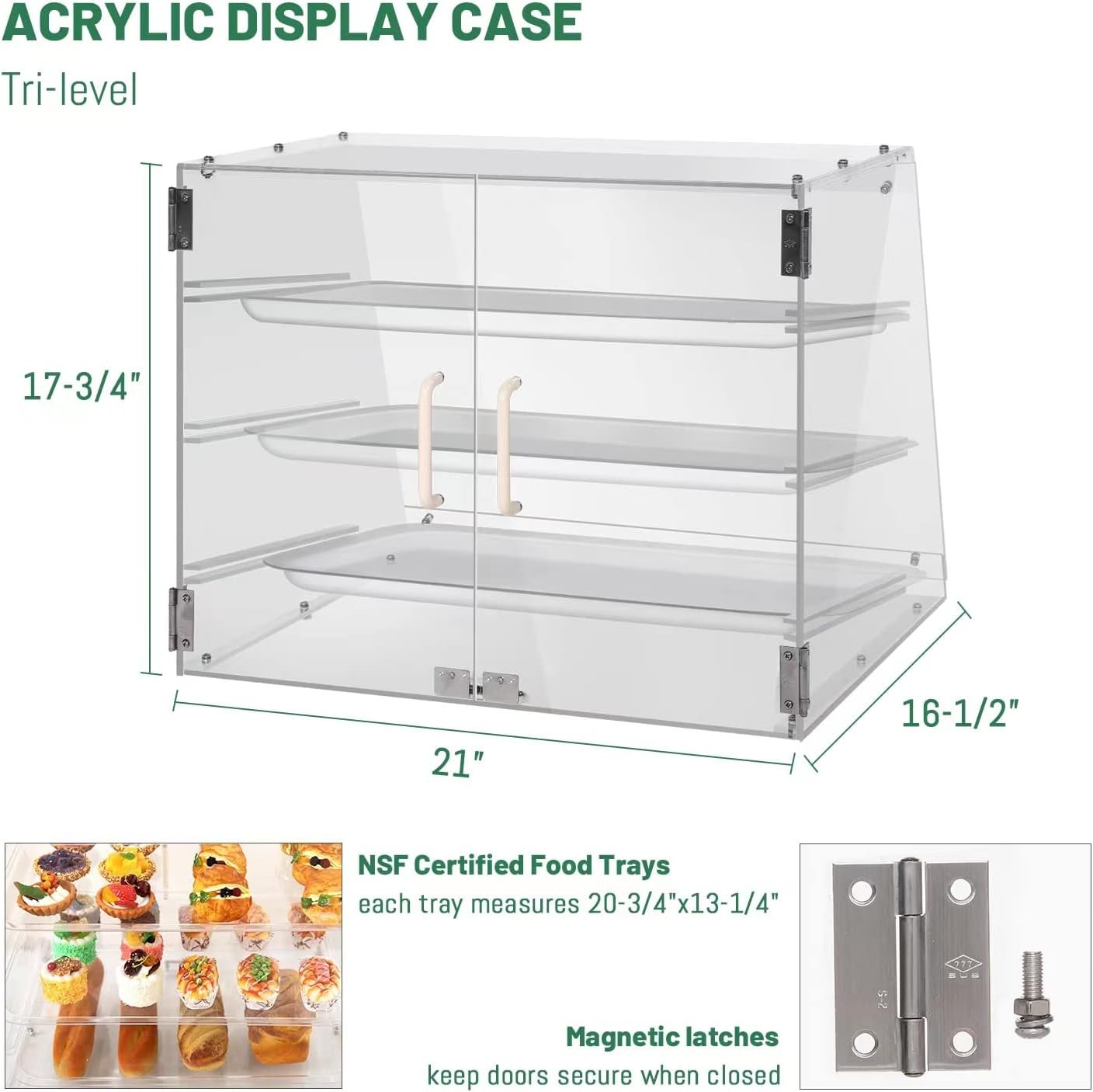 YBSVO 3 Tray Commercial Countertop Bakery Display Case with Rear Doors - 21 x 17 3/4 x 16 1/2
