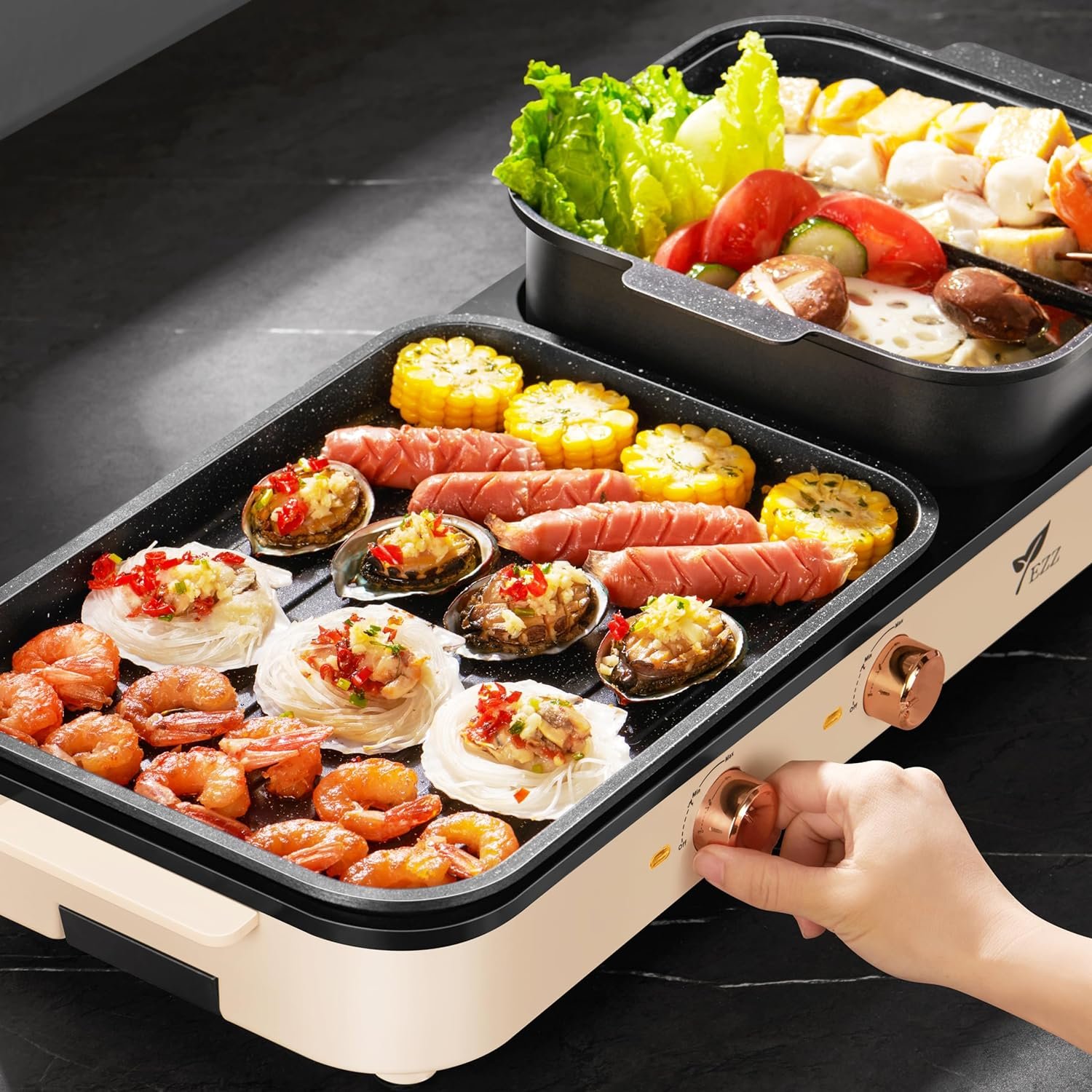 YEZZZZ Electric Hot Pot with Grill,Indoor Hot Pot 2 in 1 Multi-function Smokeless Shabu-Shabu Hotpot Korean BBQ Grill for Simmer,Separate Dual Temperature Contral for 2-10 People