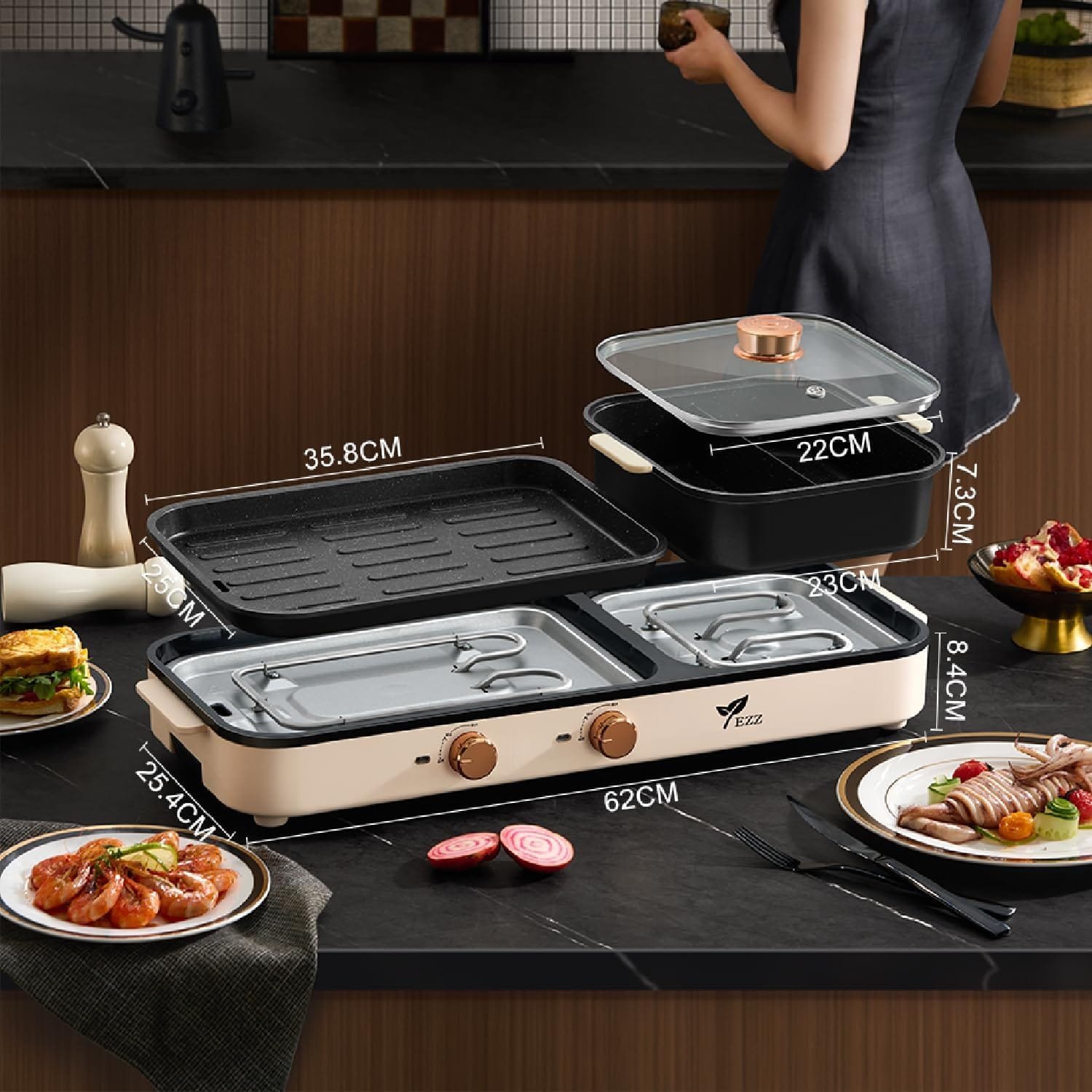 YEZZZZ Electric Hot Pot with Grill,Indoor Hot Pot 2 in 1 Multi-function Smokeless Shabu-Shabu Hotpot Korean BBQ Grill for Simmer,Separate Dual Temperature Contral for 2-10 People