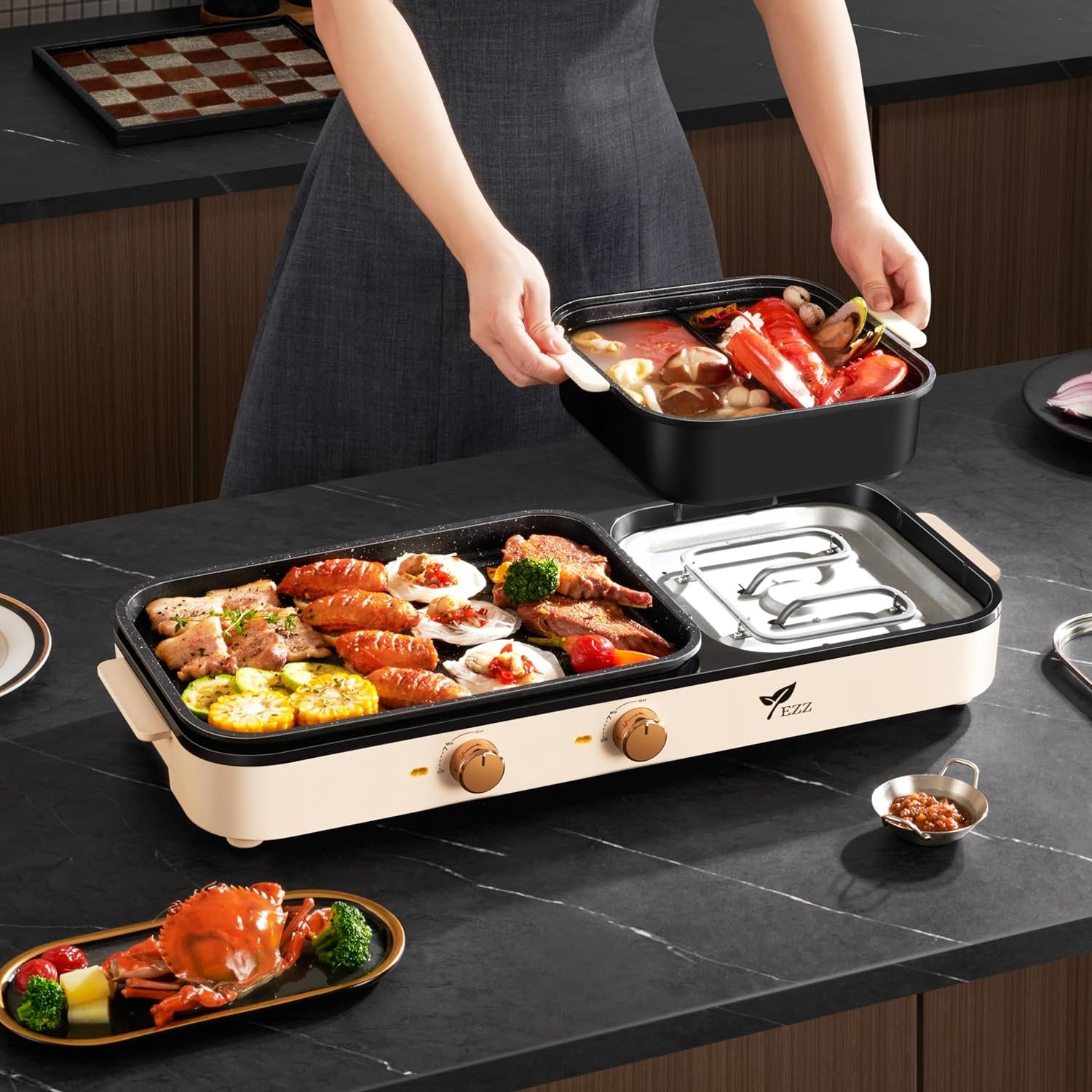 YEZZZZ Electric Hot Pot with Grill,Indoor Hot Pot 2 in 1 Multi-function Smokeless Shabu-Shabu Hotpot Korean BBQ Grill for Simmer,Separate Dual Temperature Contral for 2-10 People