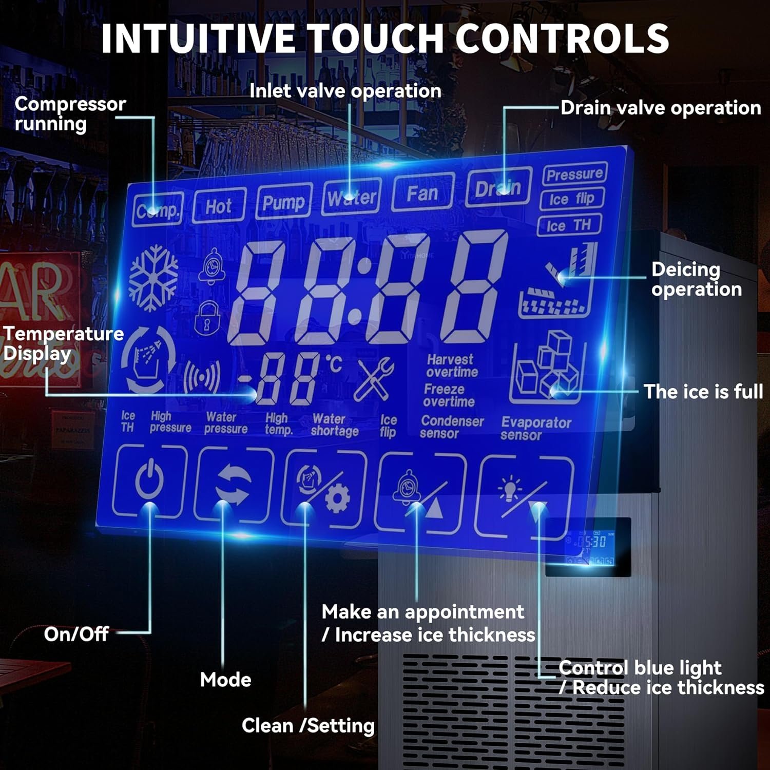 YITAHOME Upgraded Commercial Ice Maker Machine 100lbs/24h with 33lbs Storage Bin, Stainless Steel Ice Scoop, Blue Light, Freestanding Ice Machine Water Bottle for Home, Restaurants, Bars YITAHOME Upgraded Commercial Ice Maker Machine 100lbs/24h with 33lbs Storage Bin, Stainless Steel Ice Scoop, Blue Light, Freestanding Ice Machine Water Bottle for Home, Restaurants, Bars