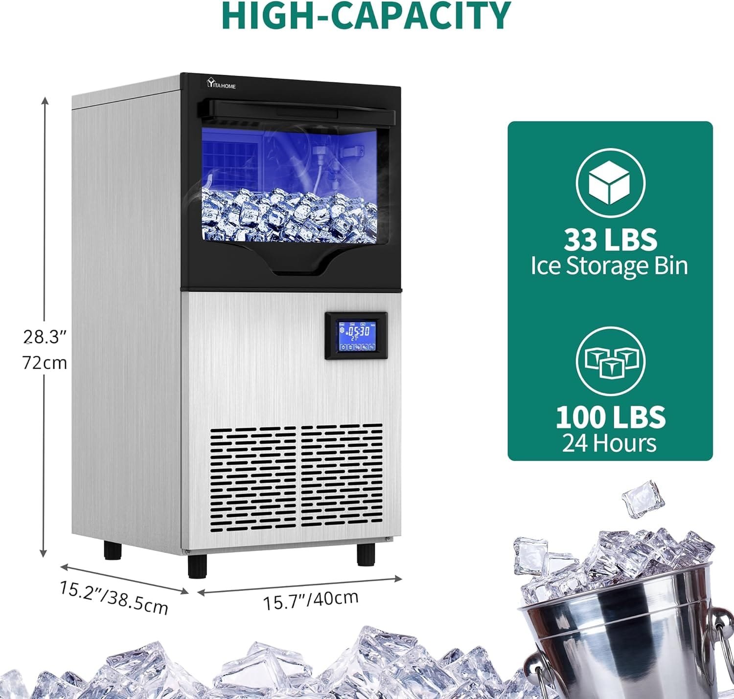 YITAHOME Upgraded Commercial Ice Maker Machine 100lbs/24h with 33lbs Storage Bin, Stainless Steel Ice Scoop, Blue Light, Freestanding Ice Machine Water Bottle for Home, Restaurants, Bars YITAHOME Upgraded Commercial Ice Maker Machine 100lbs/24h with 33lbs Storage Bin, Stainless Steel Ice Scoop, Blue Light, Freestanding Ice Machine Water Bottle for Home, Restaurants, Bars