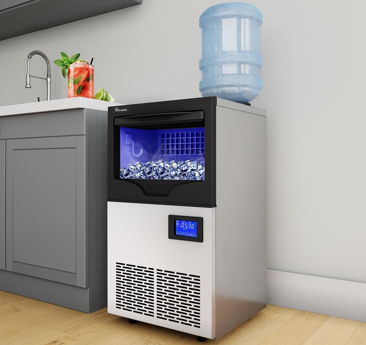 YITAHOME Upgraded Commercial Ice Maker Machine 100lbs/24h with 33lbs Storage Bin, Stainless Steel Ice Scoop, Blue Light, Freestanding Ice Machine Water Bottle for Home, Restaurants, Bars YITAHOME Upgraded Commercial Ice Maker Machine 100lbs/24h with 33lbs Storage Bin, Stainless Steel Ice Scoop, Blue Light, Freestanding Ice Machine Water Bottle for Home, Restaurants, Bars
