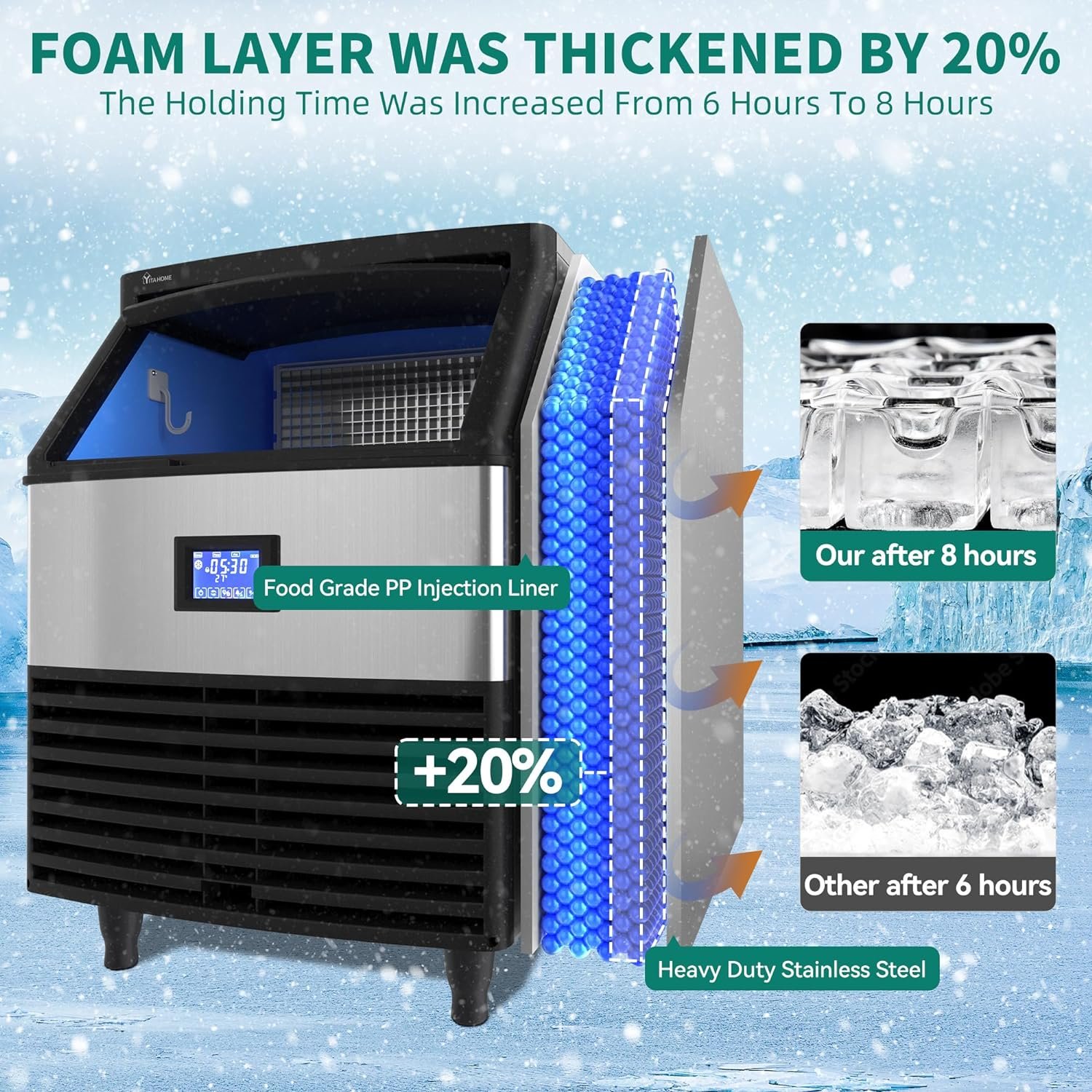 YITAHOME Upgraded Commercial Ice Maker Machine 320lbs/24h with 100lbs Storage Bin, Stainless Steel Ice Scoop, Blue Light, Freestanding Ice Machine for Home, Restaurants, Bars YITAHOME Upgraded Commercial Ice Maker Machine 320lbs/24h with 100lbs Storage Bin, Stainless Steel Ice Scoop, Blue Light, Freestanding Ice Machine for Home, Restaurants, Bars