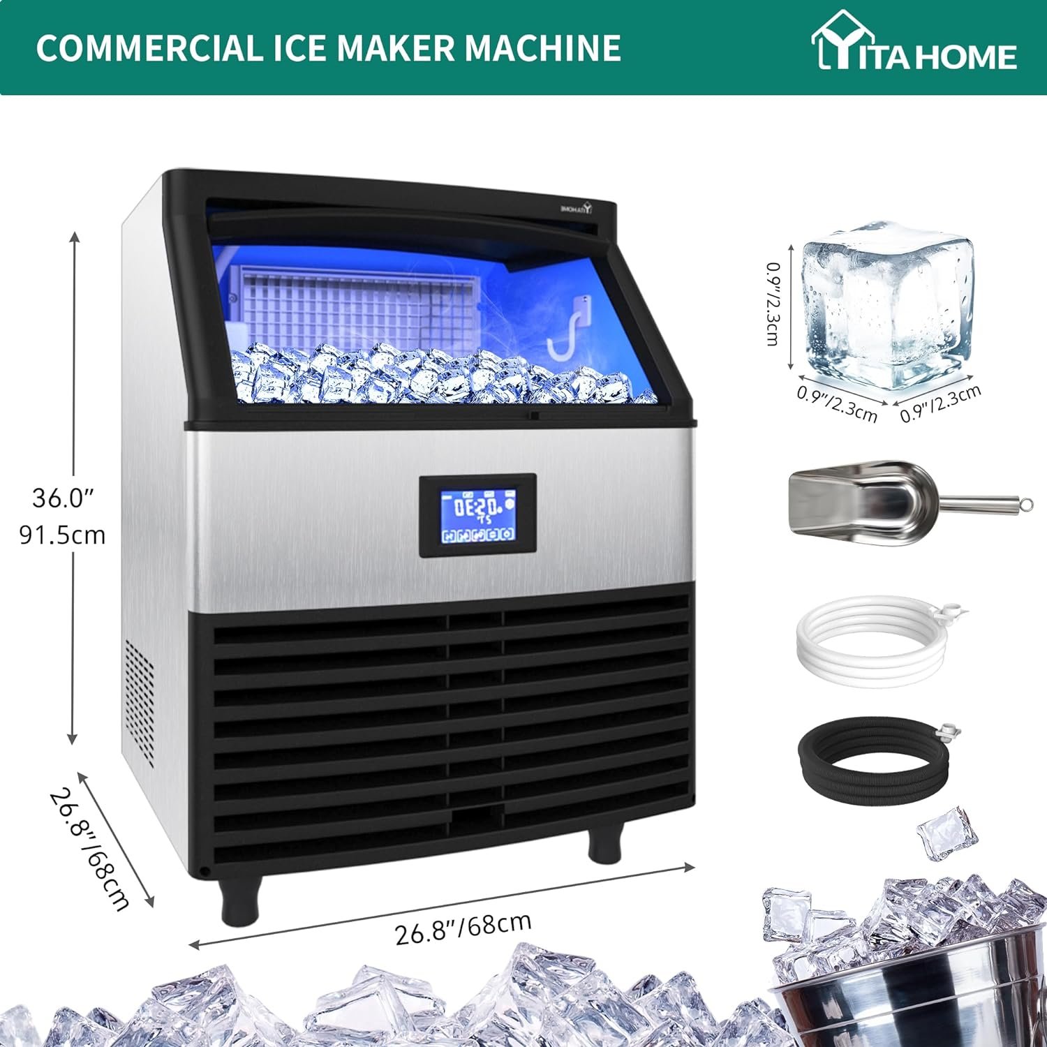 YITAHOME Upgraded Commercial Ice Maker Machine 320lbs/24h with 100lbs Storage Bin, Stainless Steel Ice Scoop, Blue Light, Freestanding Ice Machine for Home, Restaurants, Bars YITAHOME Upgraded Commercial Ice Maker Machine 320lbs/24h with 100lbs Storage Bin, Stainless Steel Ice Scoop, Blue Light, Freestanding Ice Machine for Home, Restaurants, Bars