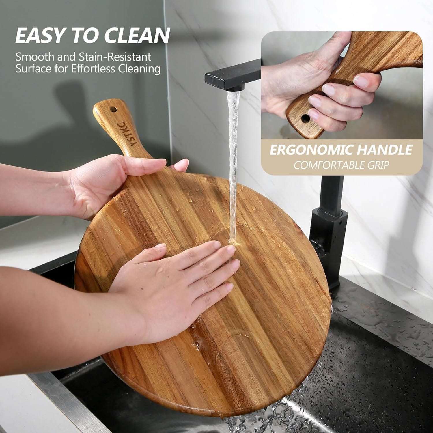 YSTKC Rubber Wood Cutting Board with Handle 15 x 9 Inch, Wooden Serving Board with Handle, Cutting Chopping Board for Kitchen Home Baking, Fruits, Vegetables, Charcuterie, Cheese, Bread