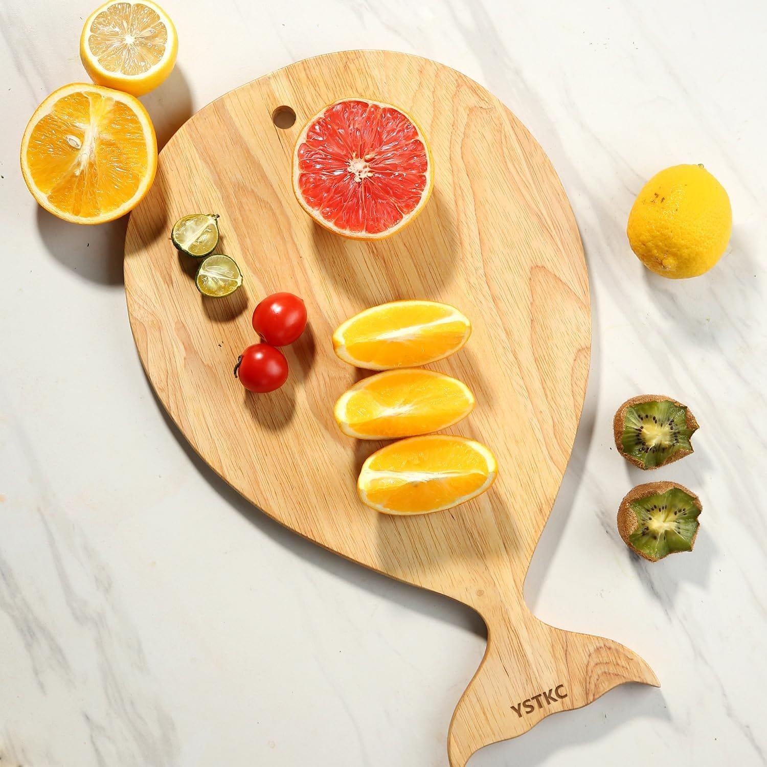 YSTKC Rubber Wood Cutting Board with Handle 15 x 9 Inch, Wooden Serving Board with Handle, Cutting Chopping Board for Kitchen Home Baking, Fruits, Vegetables, Charcuterie, Cheese, Bread