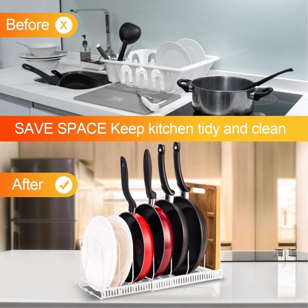 YUMPION Pot Organizer Rack for Cabinet, Expandable Pot Racks, Pots and Pans Organizer for Kitchen Cabinet, 3 Easy DIY Methods Pot Rack Organizer, Pot Lid Holder with 10 Adjustable Compartments