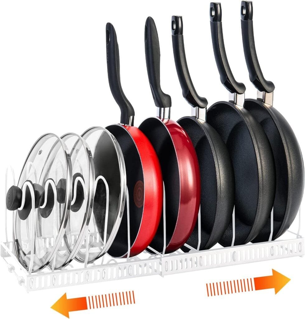 YUMPION Pot Organizer Rack for Cabinet, Expandable Pot Racks, Pots and Pans Organizer for Kitchen Cabinet, 3 Easy DIY Methods Pot Rack Organizer, Pot Lid Holder with 10 Adjustable Compartments