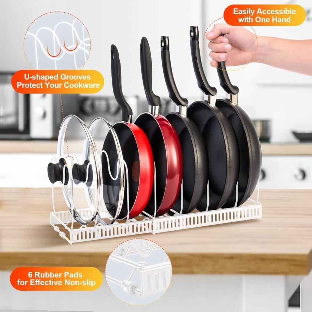 YUMPION Pot Organizer Rack for Cabinet, Expandable Pot Racks, Pots and Pans Organizer for Kitchen Cabinet, 3 Easy DIY Methods Pot Rack Organizer, Pot Lid Holder with 10 Adjustable Compartments