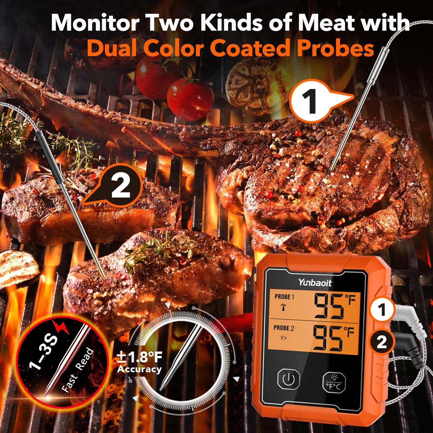 Yunbaoit Wireless Meat Thermometer, Digital Remote Food Cooking Meat Thermometer for BBQ Grill Smoker Oven Kitchen,500 FT RangeDual Probes
