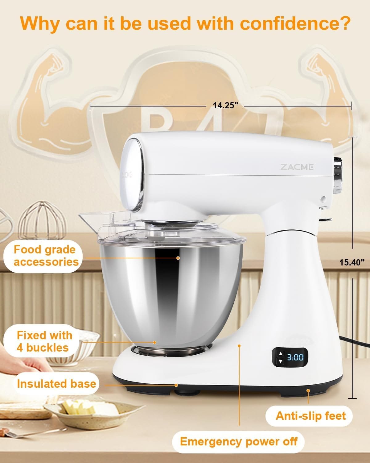ZACME Mixers Kitchen Electric Stand Mixer, Aluminum die casting and Gears, 1 Hour Continuous Operation, Dual Cooling System, Low Noise DC Motor, LED Display and Timing Function, 600W 5.5QT, Food Grade ZACME Mixers Kitchen Electric Stand Mixer, Aluminum die casting and Gears, 1 Hour Continuous Operation, Dual Cooling System, Low Noise DC Motor, LED Display and Timing Function, 600W 5.5QT, Food Grade