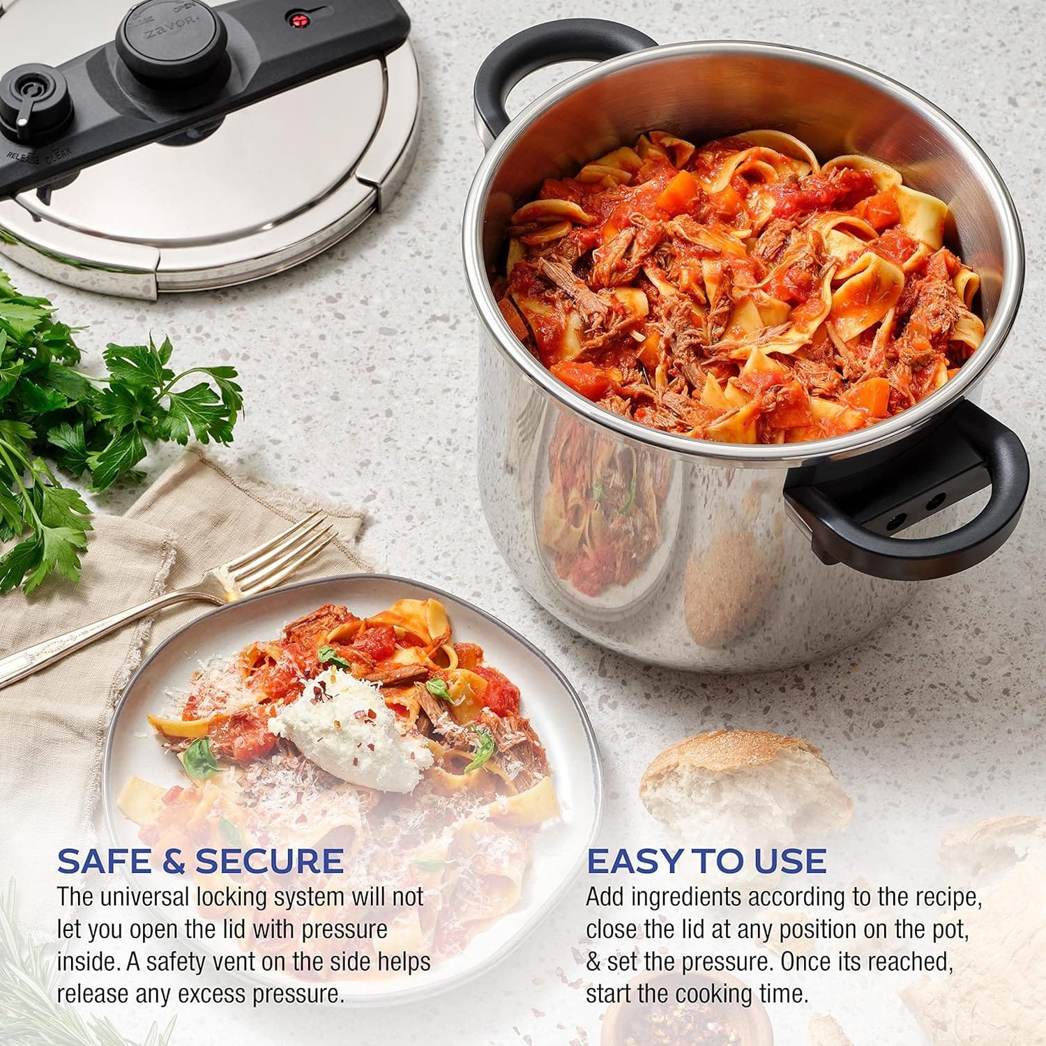 Zavor EZLock Stove Top Pressure Cooker 7 Quart - Stainless Steel, Multi Pressure Levels, Easy Locking, Induction Ready, Digital Cookbook  Steamer Basket | Olla de Presion Acero Inoxidable