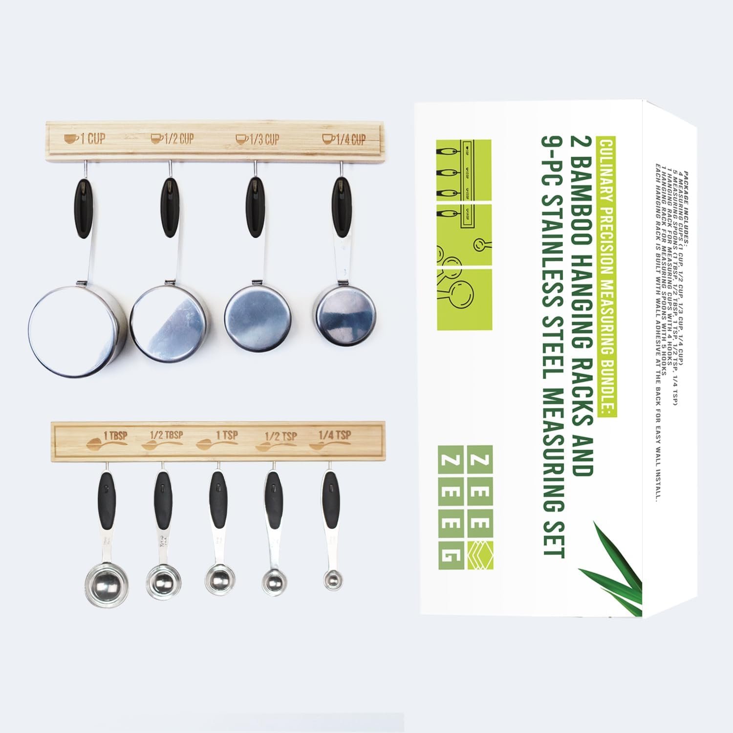 ZEEZEEG Premium Culinary Precision Bundle: Includes Two 100% Natural Bamboo Hanging Rack Organizer and 9-pc Stainless Steel Measuring Cups and Spoons Set ZEEZEEG Premium Culinary Precision Bundle: Includes Two 100% Natural Bamboo Hanging Rack Organizer and 9-pc Stainless Steel Measuring Cups and Spoons Set