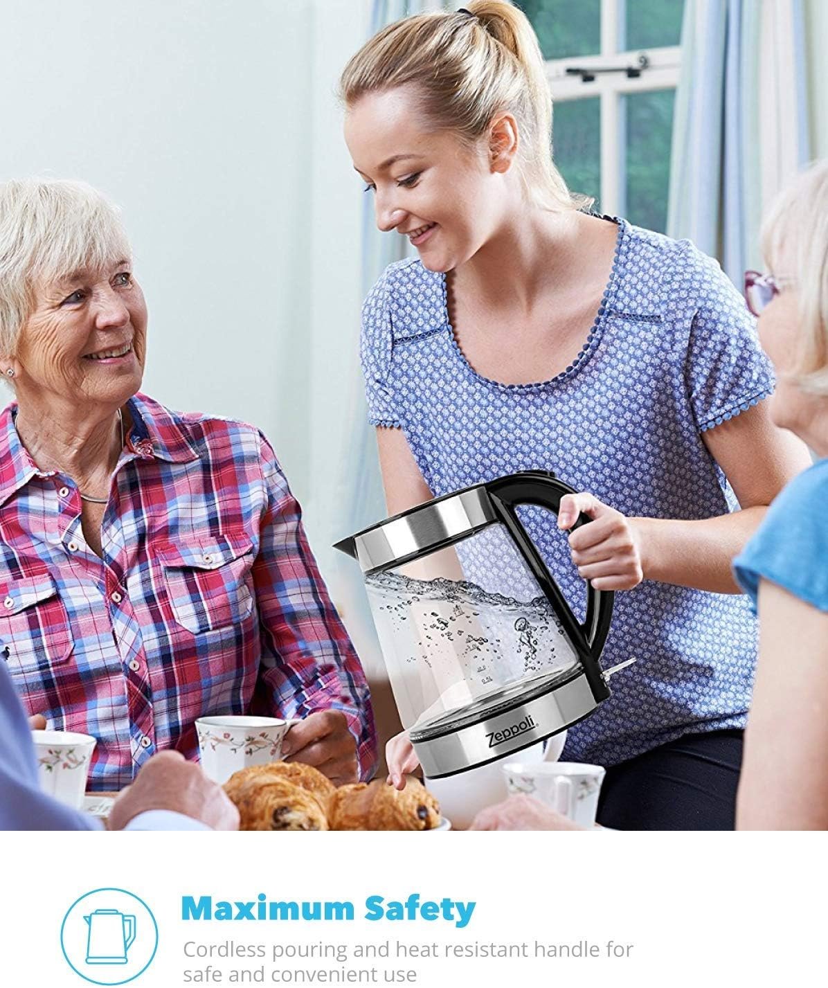 Zeppoli Electric Kettle - Stainless Steel Glass Tea Kettle with Speed Boil  Auto Shutoff - Hot Water Boiler/Heater (1.7L)  Boil-Dry Protection - Cordless  Portable with LED Indicator