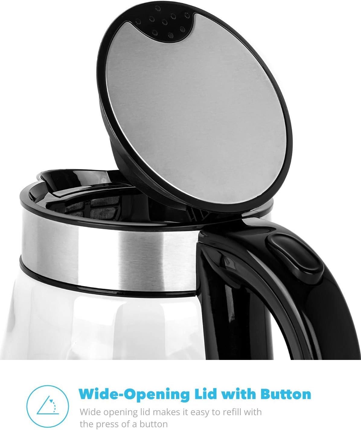 Zeppoli Electric Kettle - Stainless Steel Glass Tea Kettle with Speed Boil  Auto Shutoff - Hot Water Boiler/Heater (1.7L)  Boil-Dry Protection - Cordless  Portable with LED Indicator