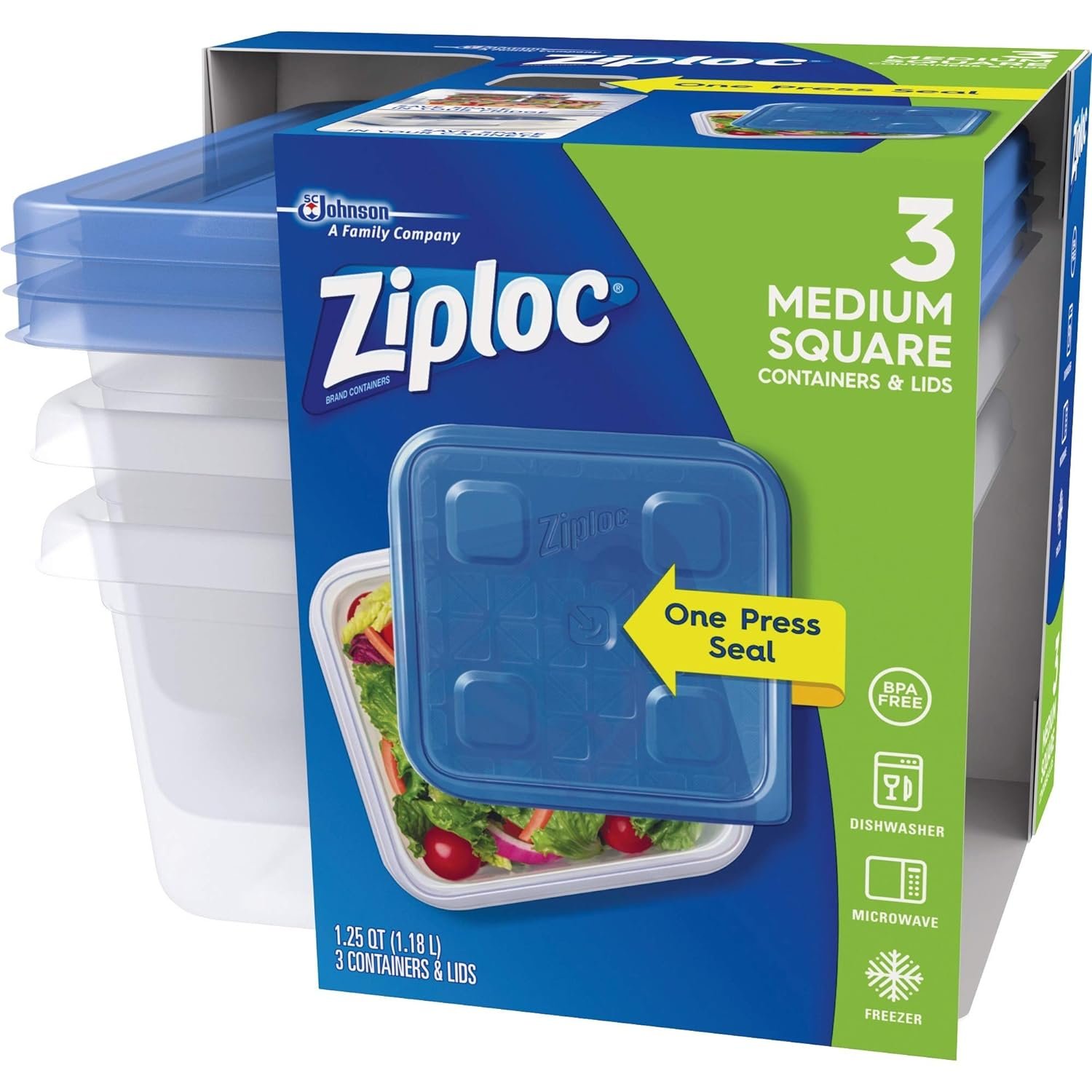 Ziploc Food Storage Meal Prep Containers Reusable for Kitchen Organization, Smart Snap Technology, Dishwasher Safe, Deep Square, 3 Count