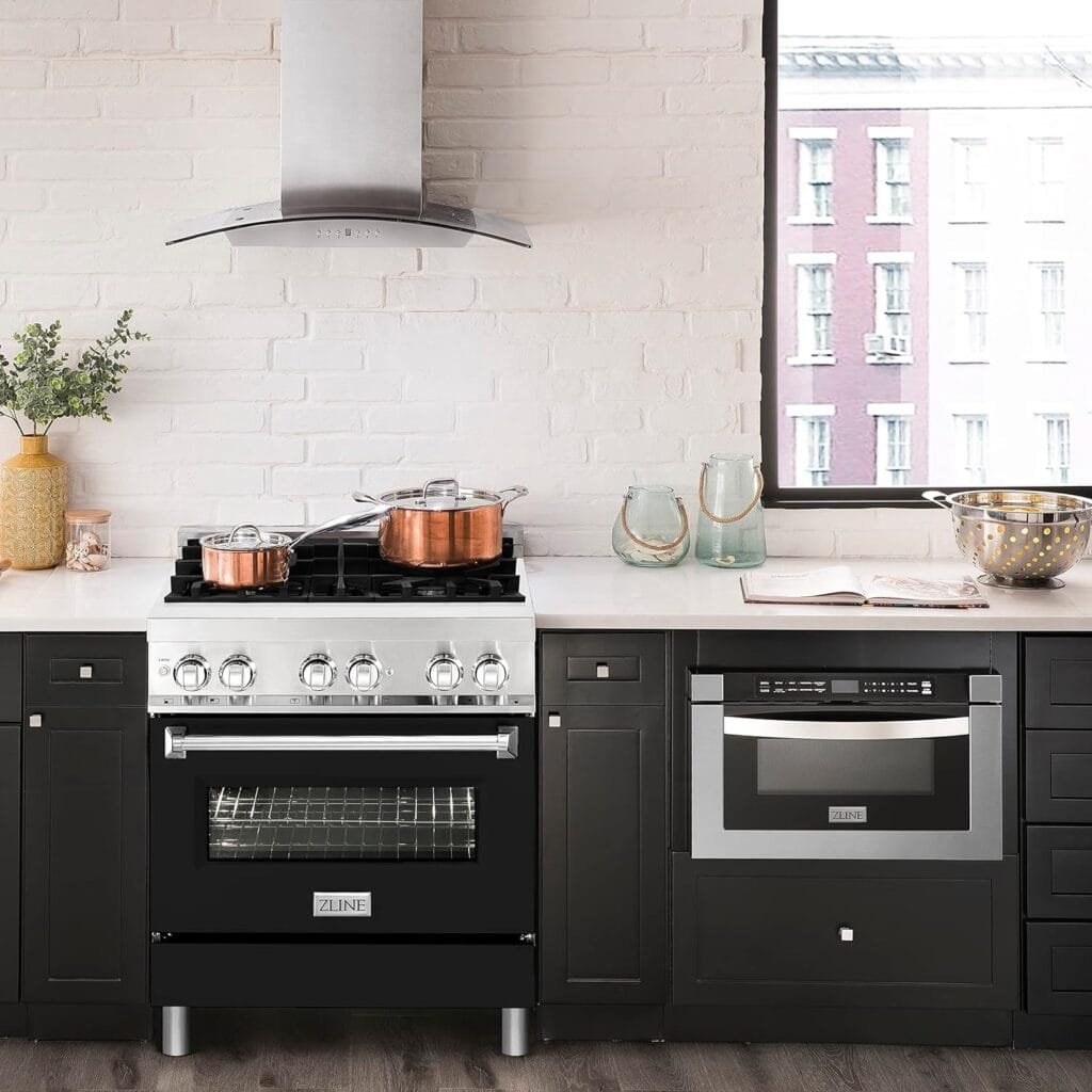 ZLINE 30 4.0 cu. ft. Dual Fuel Range with Gas Stove and Electric Oven in Stainless Steel and Black Matte Door (RA-BLM-30)