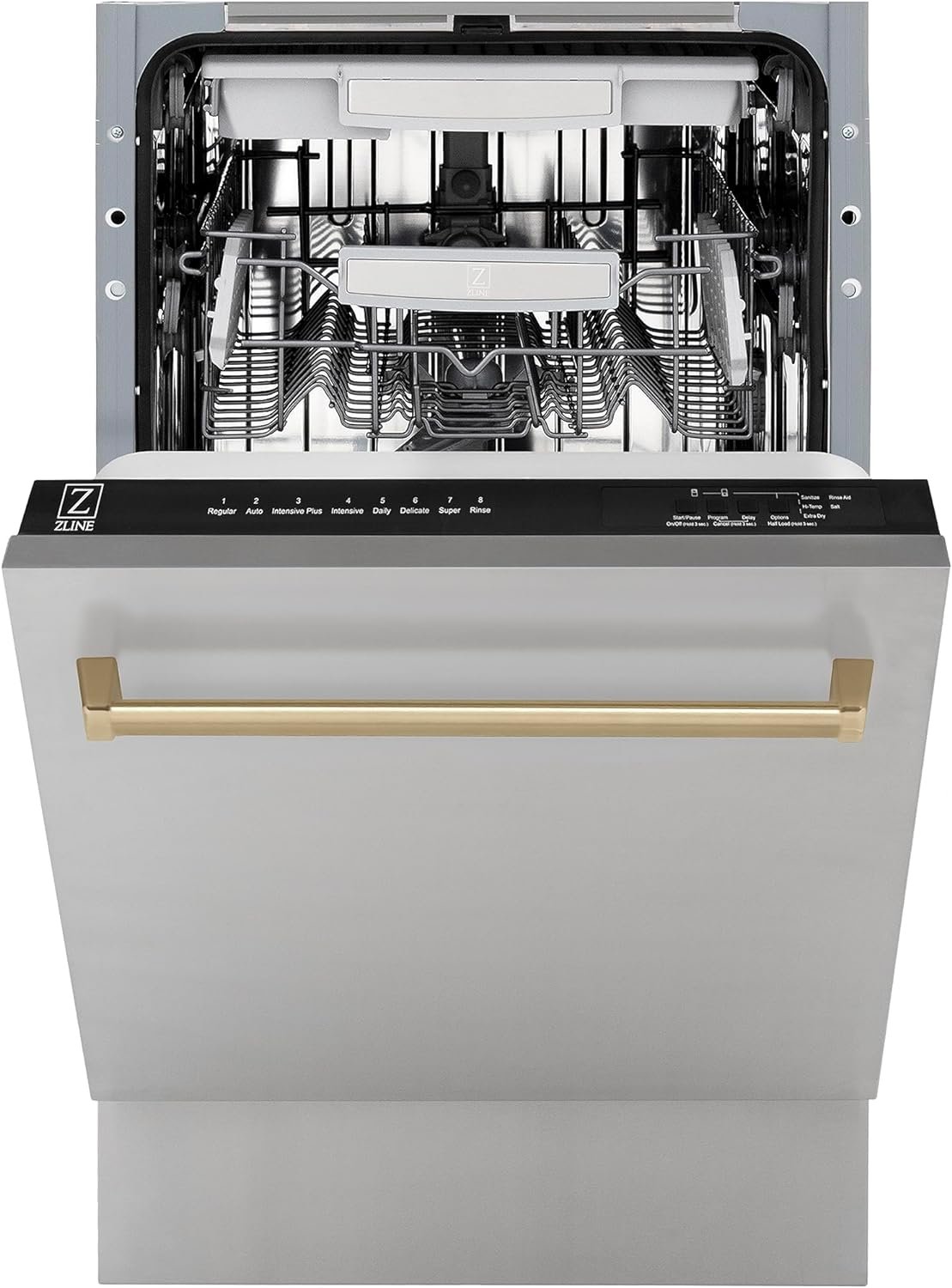 ZLINE Autograph Edition 18 Compact 3rd Rack Top Control Dishwasher in Stainless Steel with Champagne Bronze Handle, 51dBa (DWVZ-304-18-CB)